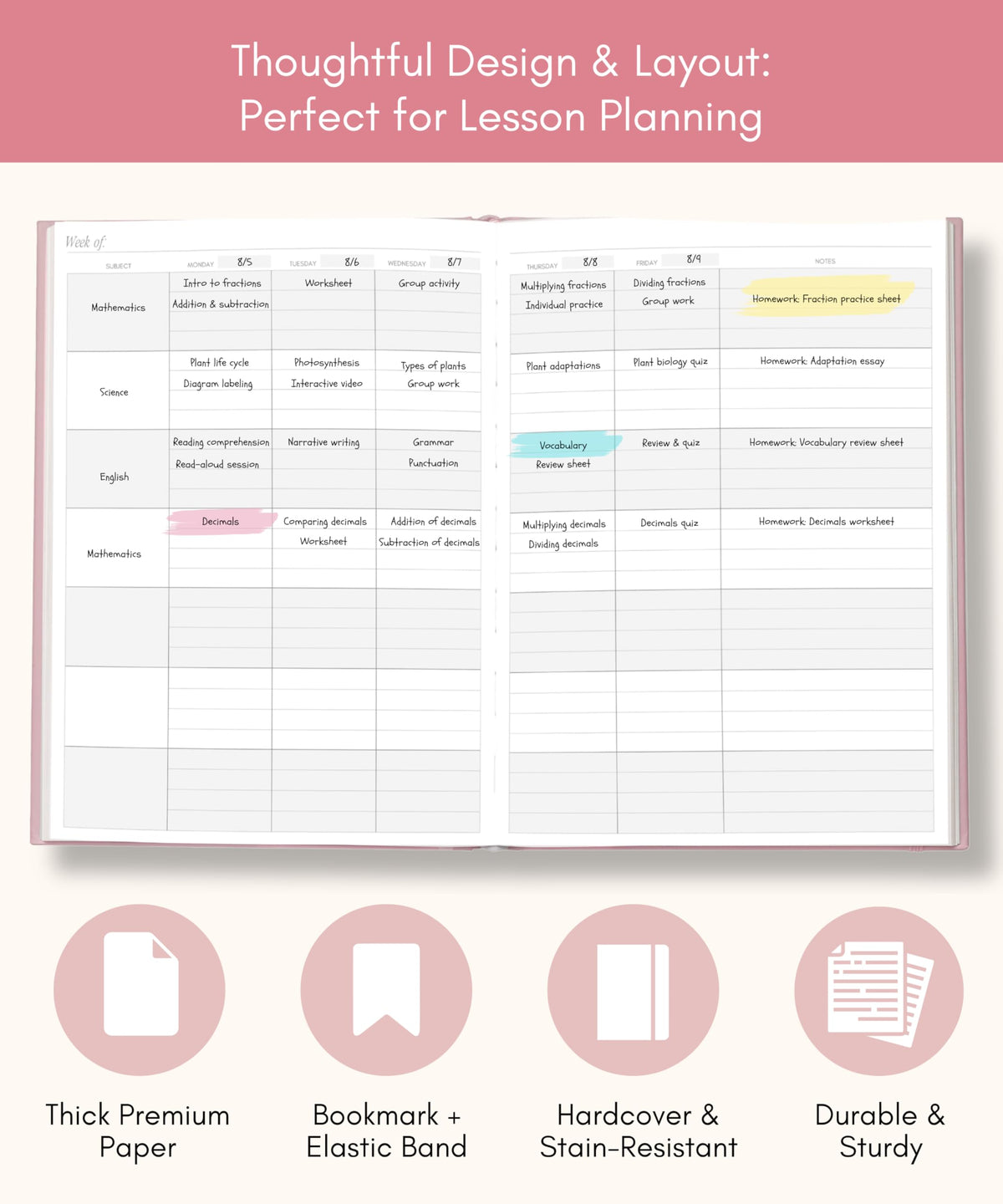 Lamare Teacher Planner 2026-2027 – Hardcover Undated Planner & Lesson Planner Book for Teachers with Class Schedule, Student Info & Weekly Planning - 8x11"