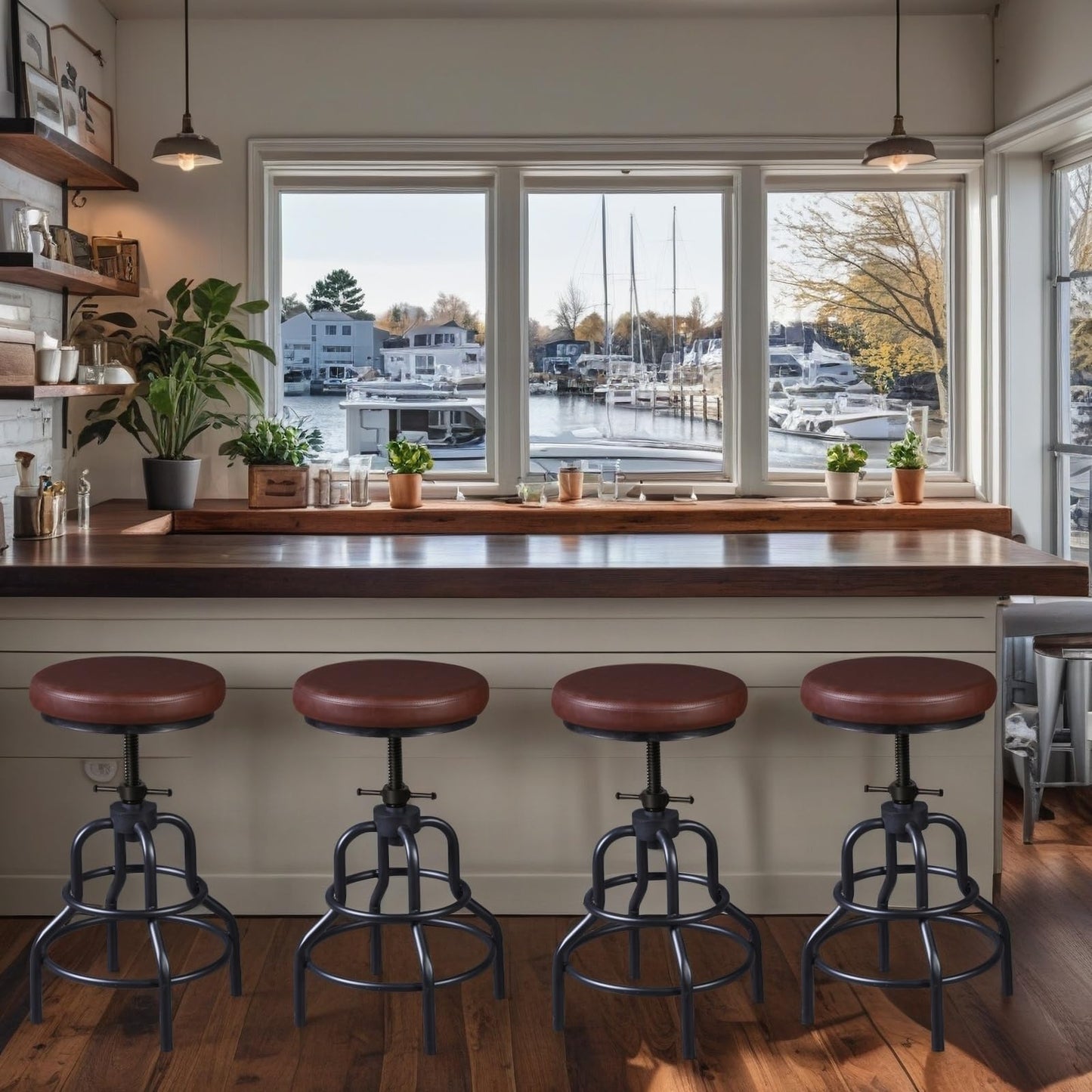 LOKKHAN Industrial Bar Stools-Swivel Leather Metal Bar Stool-20-27 Inch Tall Counter Height-Adjustable Kitchen Stool Dining Chair Cafe Stools (Set of 2)