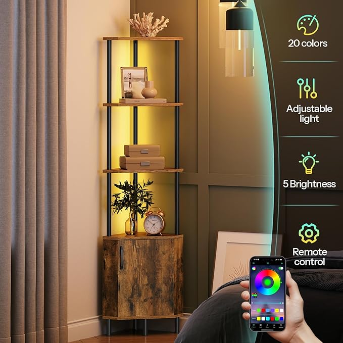 HOOBRO Corner Cabinet with LED Light, Corner Shelf Stand with Storage and Doors