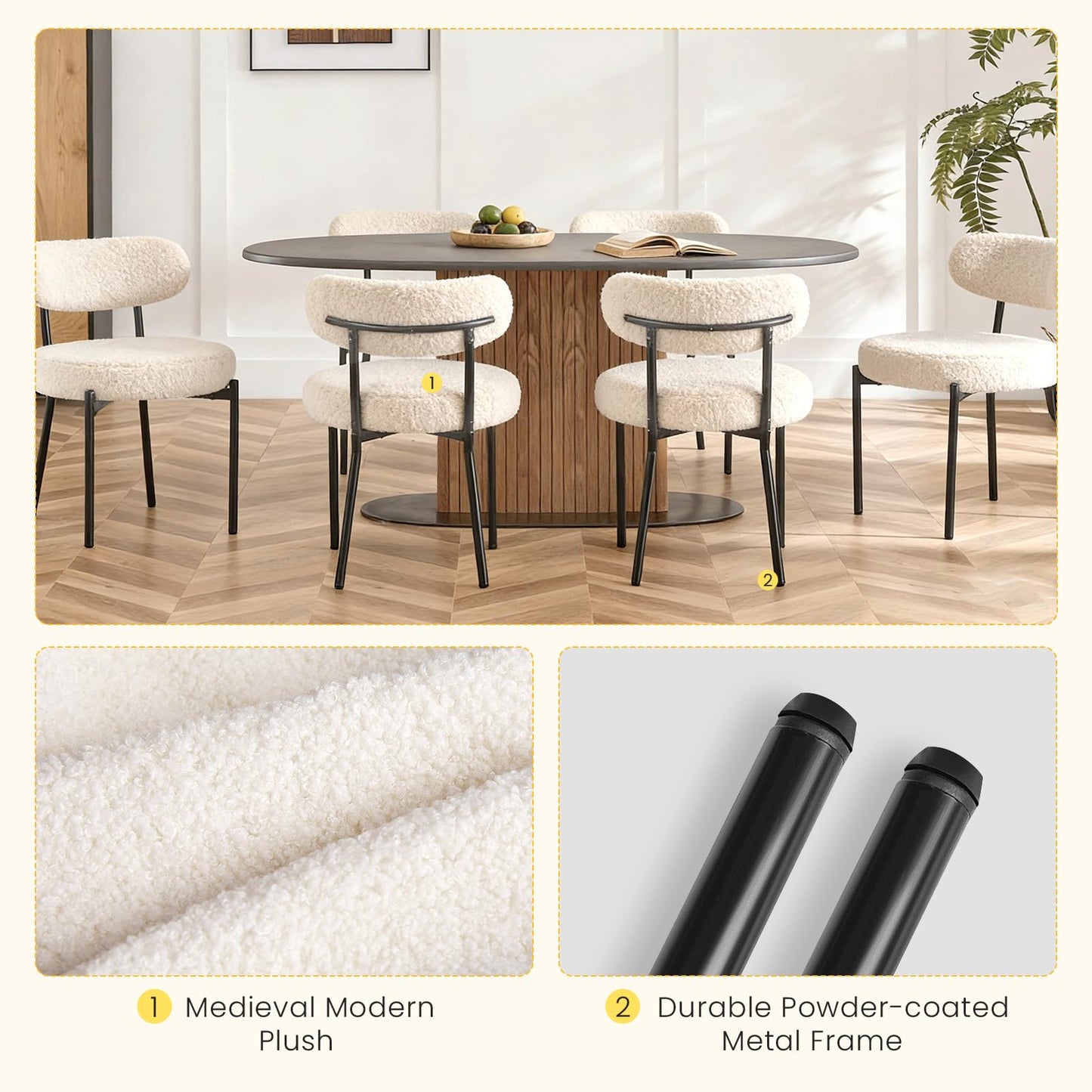 DUMOS Dining Chairs Set of 4, Mid Century Modern Chair Round Upholstered Curved Backrest, Kitchen Vanity Living Room Chairs with Black Metal Legs，Light Beige