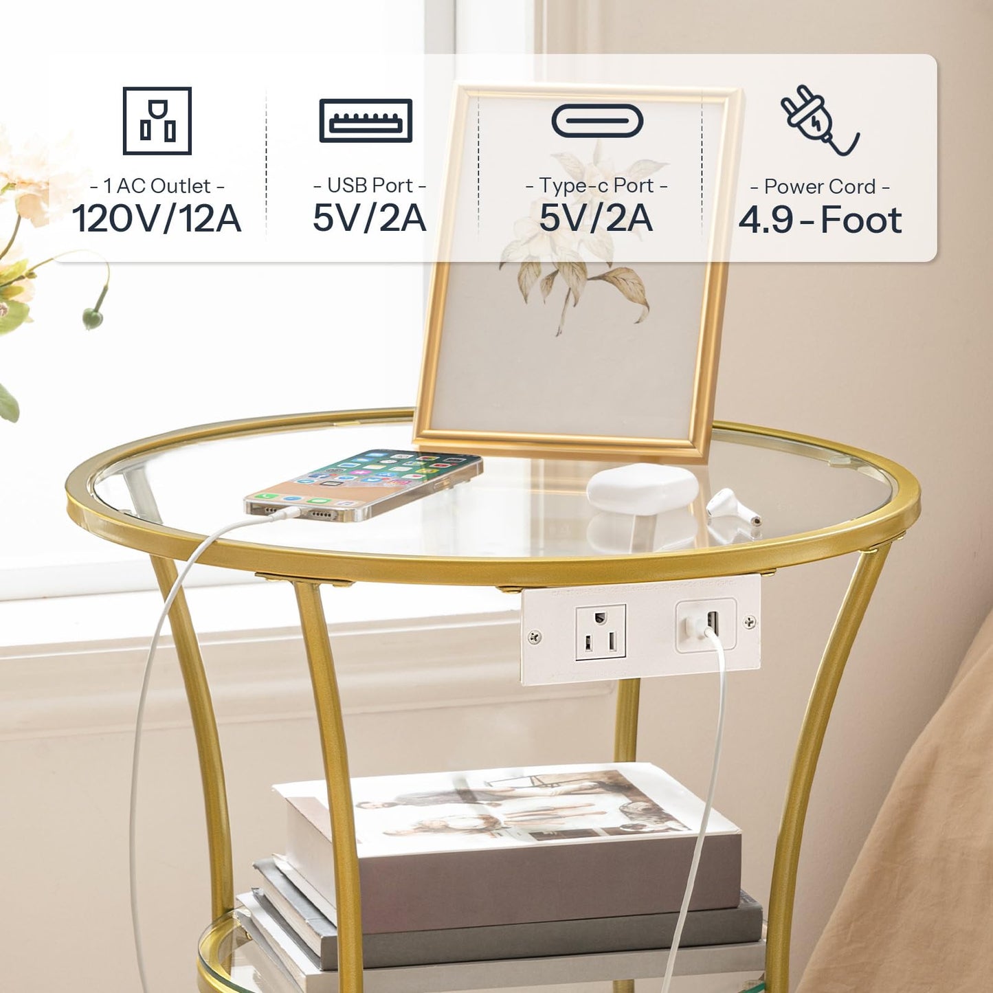 HOOBRO Round Coffee End Table with Charging Station, 2-Tier Small Accent Side Table with Glass Tabletop, Round Nightstand for Small Space in Living Room, Bedroom, Gold GD83UBZ01