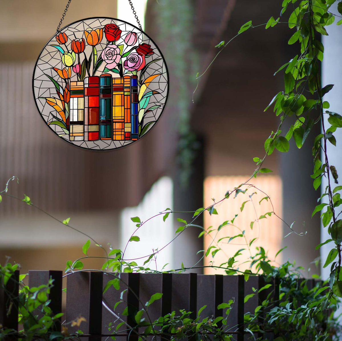 RVEAFA Flower Book Stained Glass Window Hanging 7.8'' Sun Catcher Book Club Lover Gifts for Women Christmas Wall Decor Handmade SunCatcher Decoration for Garden Home Bookish Library Decor