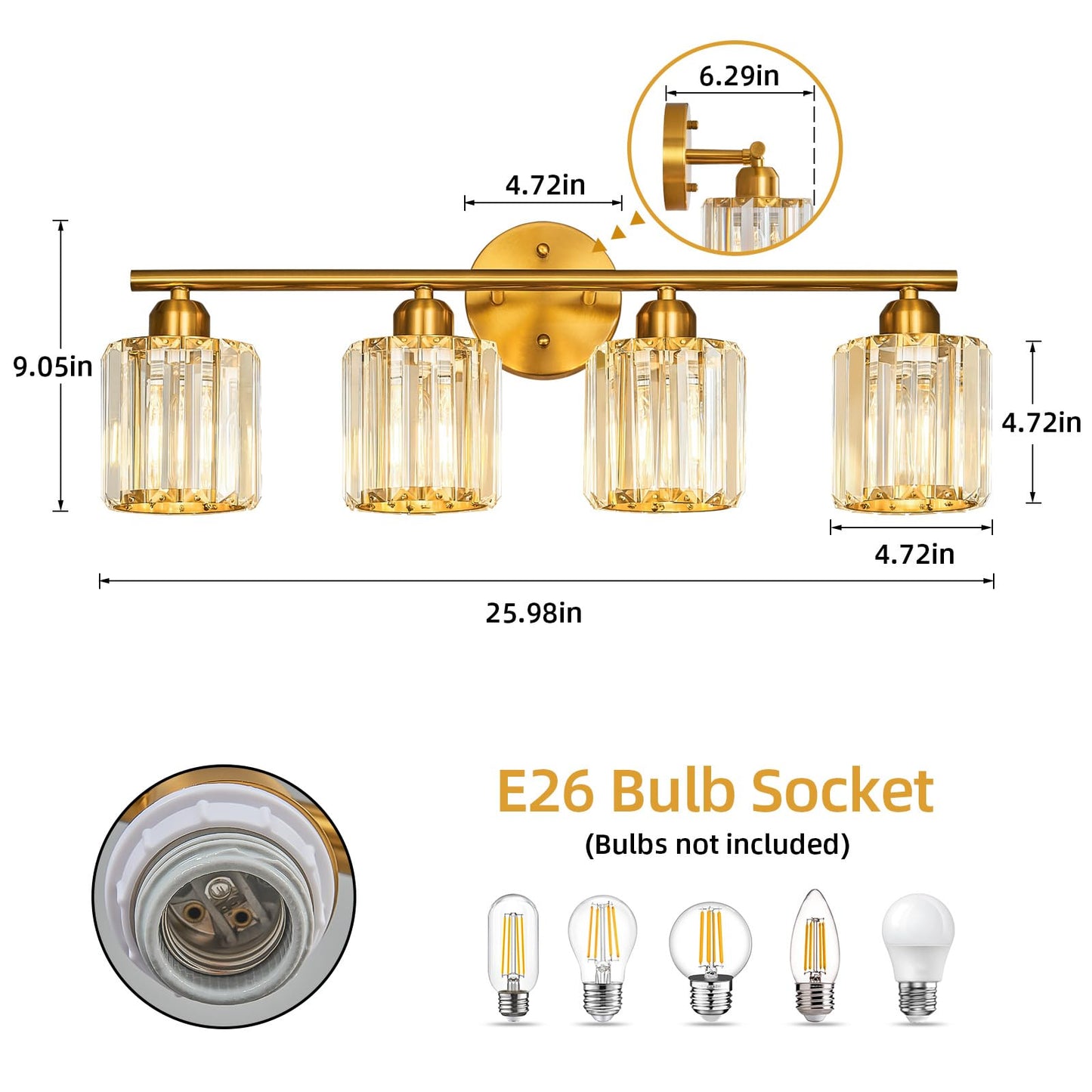 FDPBY Modern 4 Light Crystal Vanity Light, Brushed Gold Vertical Bathroom Light Fixture Over Mirror for Dressing Table Sink, Compatible with Dimmable Bulbs (Bulbs Not Included)