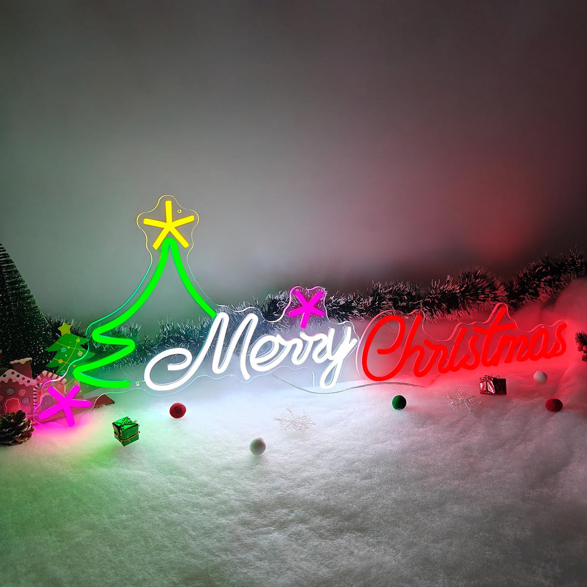 Large Merry Christmas Neon Sign for Wall Decor 19.69 * 13.11&18.11 * 6.57inch Merry Christmas Led Sign Dimmable Xmas Tree Neon Light Up Signs for Xmas Party Window Home Bar Club Shop Decoration Gifts