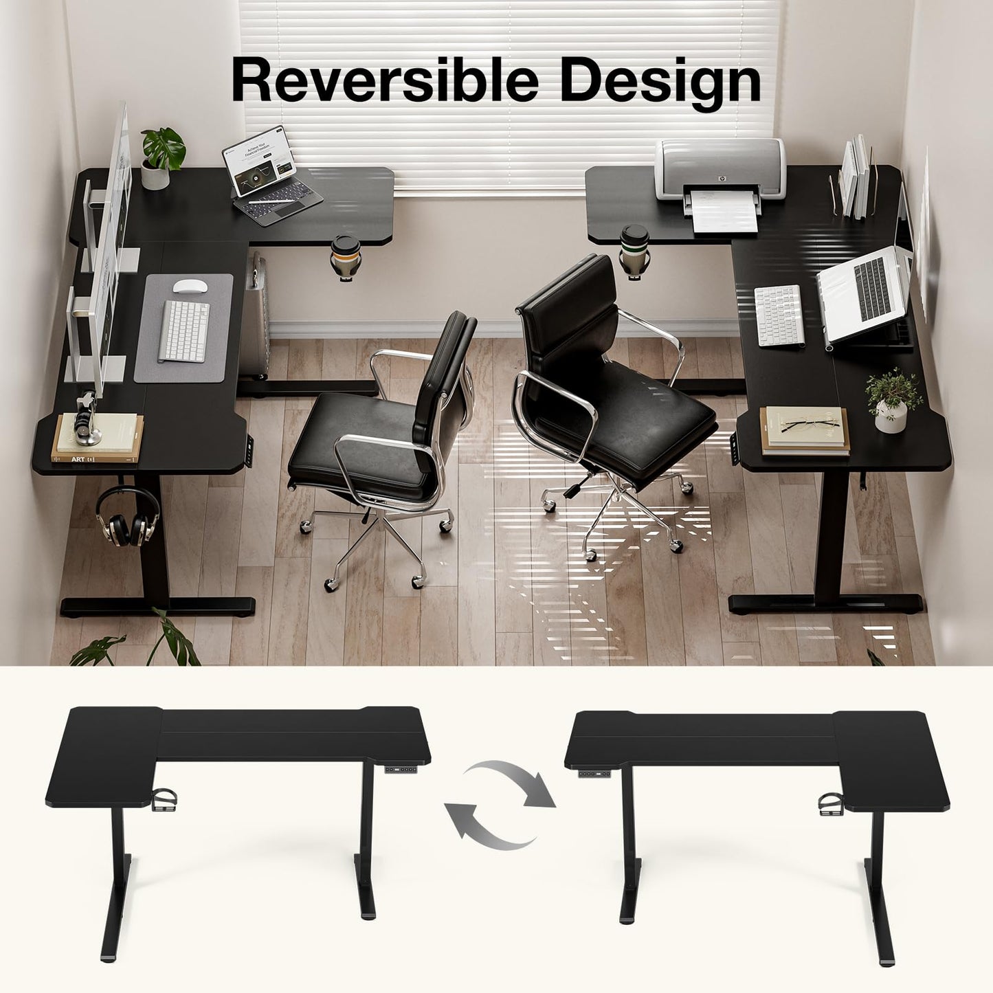 Acrolix L Shaped Electric Standing Desk - 51x31.5 Inch Reversible Corner Sit Stand Desk with Hook&Cup Holder,Electric Height Adjustable Table,for Small Home Office&Bedroom Computer Desk, Black