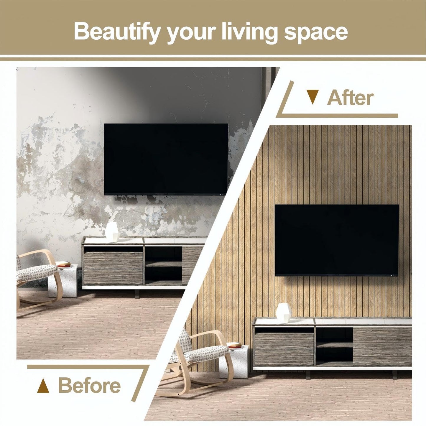 Chejiaye Wood Slat Peel and Stick 3D Wall Panel -23.6"x118"Soundproof Self-Adhesive Wall Sticker, Removable Thick PVC Slat Contact Paper for Kitchen, Bedroom,Ceiling Wall Decoration(Brown,19Sq.ft)