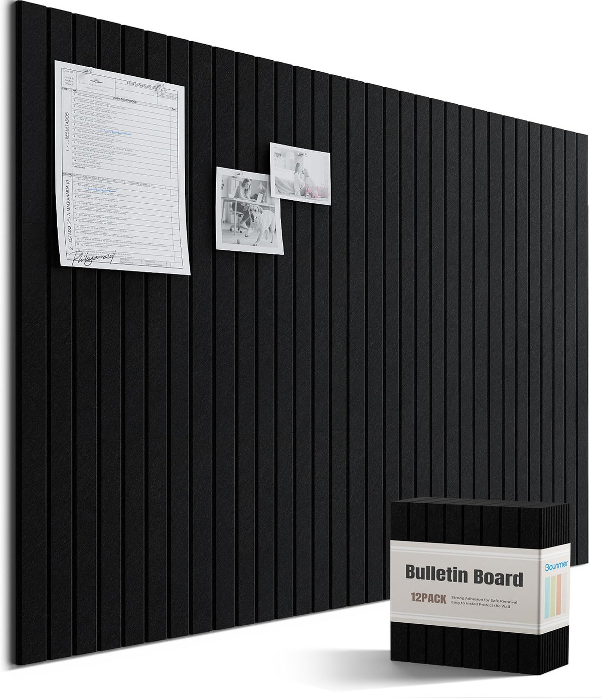 Bounmer Large Cork Board Alternative 48“ x 36”, 12-Pack Felt Bulletin Board Tiles with 60 Safe Removable Adhesive Tabs & 30 Pushpins, Cork Boards for Office Walls Decor (Black)