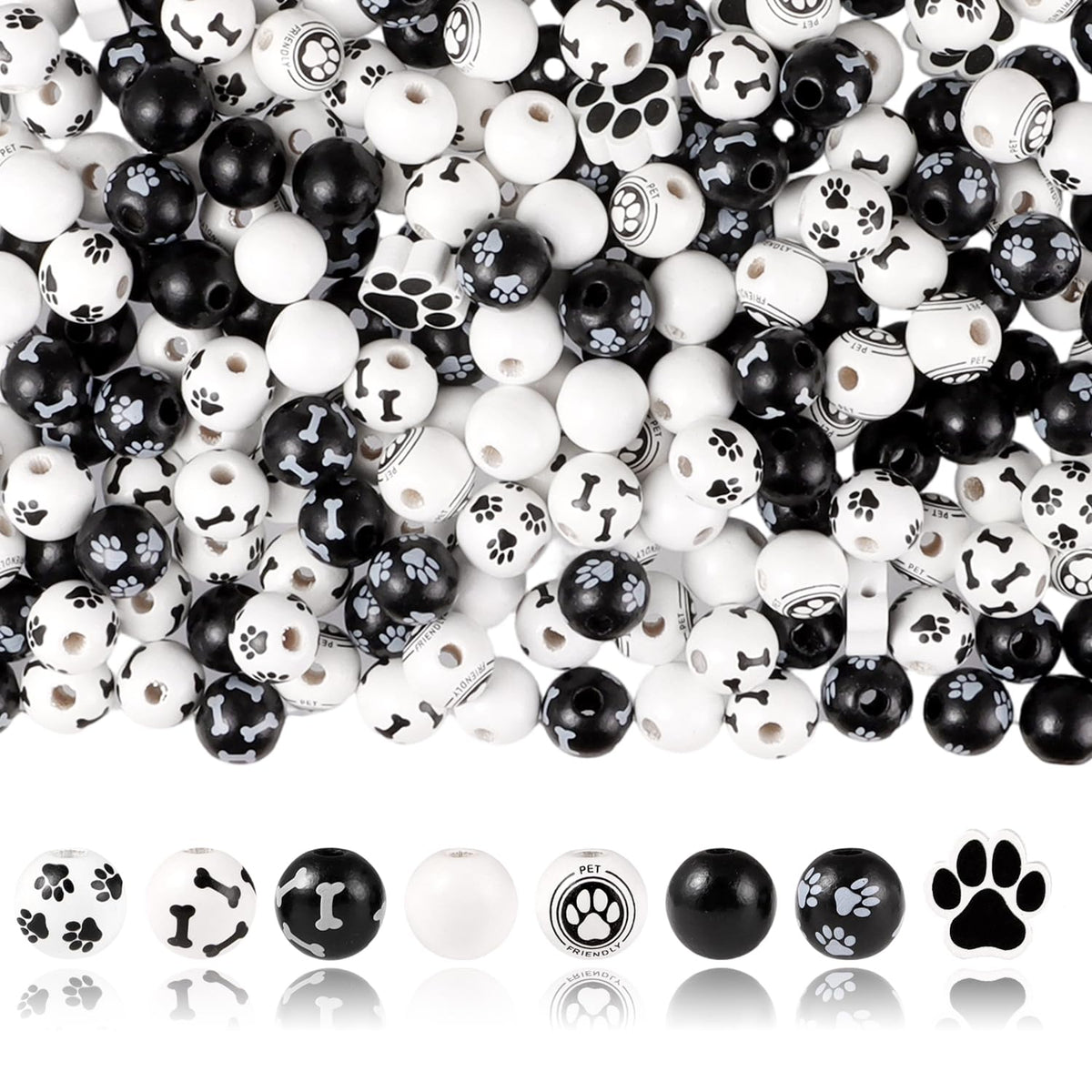 225Pcs Dog Paw Beads Wooden Puppy Paw Footprint Beads, Cute Black and White Spacer Bead for Pet Charm DIY Pendant Jewelry Making Home Decor Party