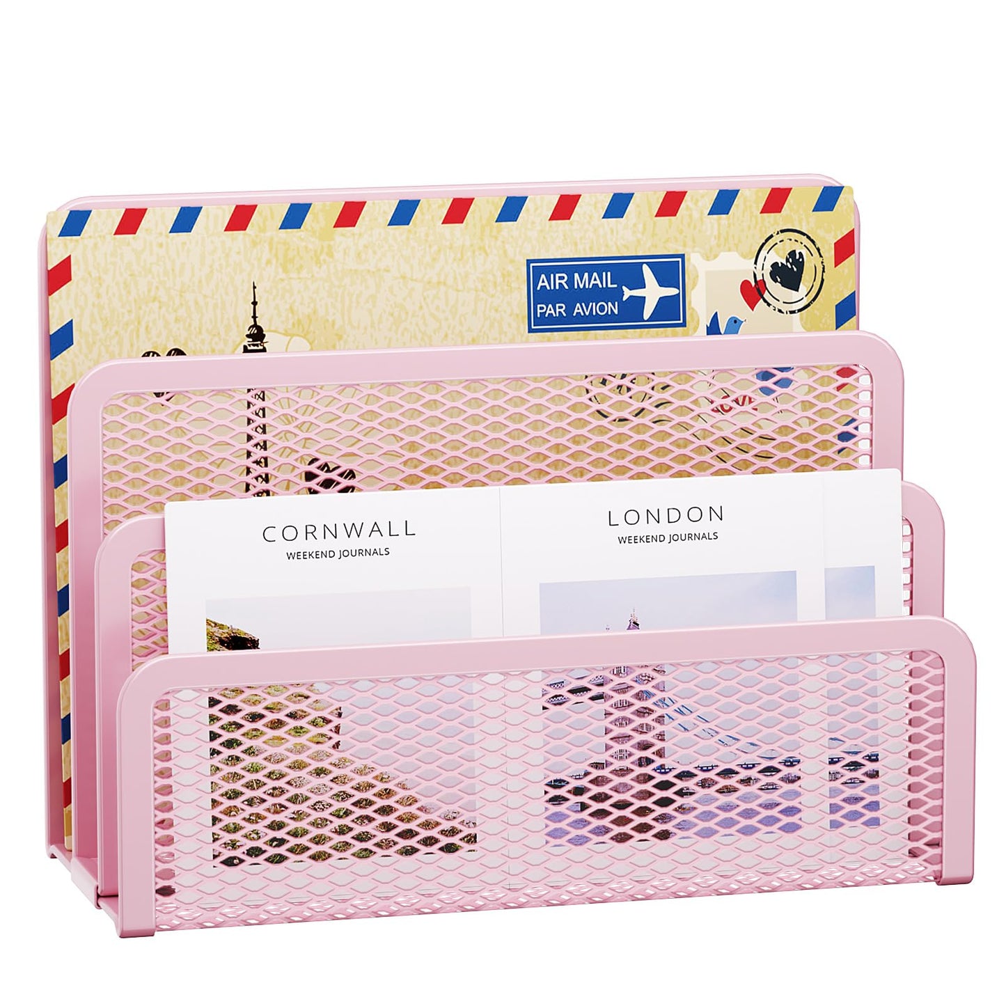 Marbrasse Mail Organizer for Desk, 3-Slot Mesh Metal Mail Holder countertop, Letter Holder, Office Desktop Envelope and Document Storage Rack (Pink)