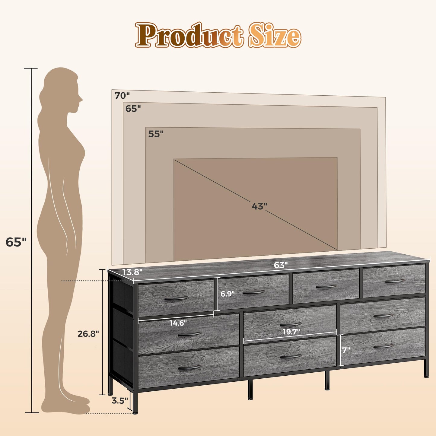 Huuger 63 Inch Dresser for Bedroom, Long Dresser with 10 Fabric Drawers, TV Stand for 55, 65, 70 Inch TV, Toy Storage Organizer for Closet, Grey