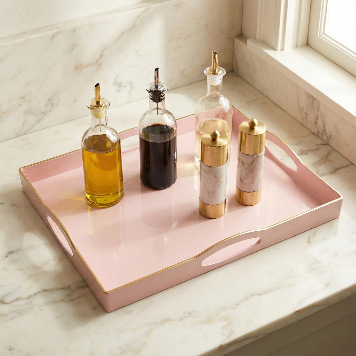 Umisriro Pink Serving Tray with 4 Handles, Plastic Decorative Tray for Coffee Table, Ottoman - Ideal for Living Room & Bathroom. 15” x 11” x 1.9”