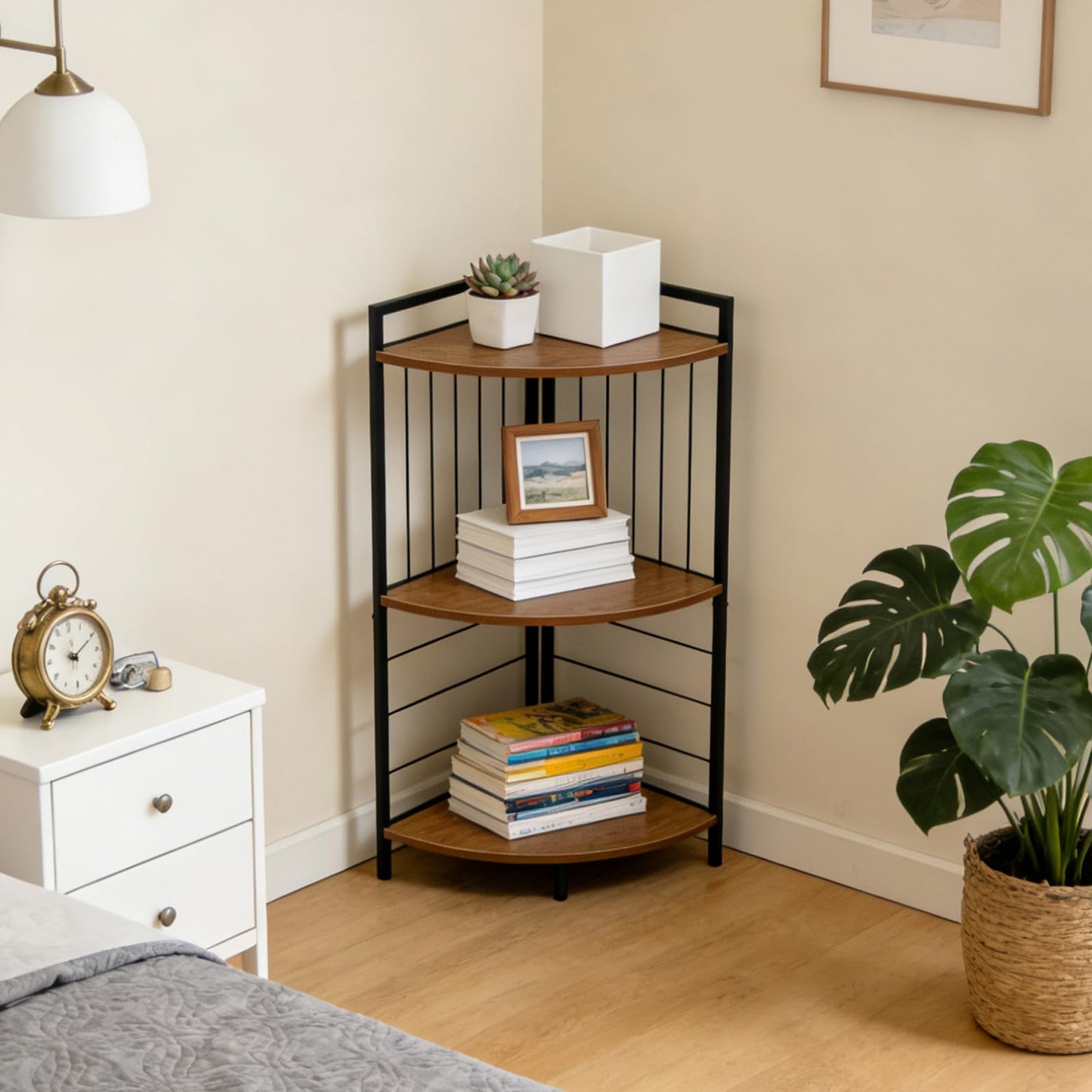 Fnaumdol Corner Shelf Stand 27.9" H, 3 Tier Corner Display Shelving Unit with Sturdy Metal Frame Multipurpose Corner Bookshelf for Small Spaces Bathroom, Kitchen, Bedroom, Living Room