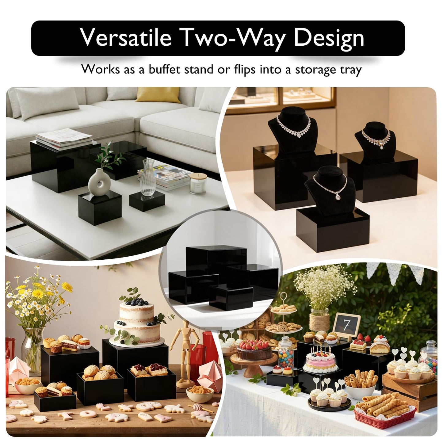 DRKSBESTO 13.8" Extra Large White Risers, Large Size Acrylic Cube Display Nesting Risers, Food risers for buffet table, Black Risers for Catering Dessert Collectibles Jewelry Figures Show