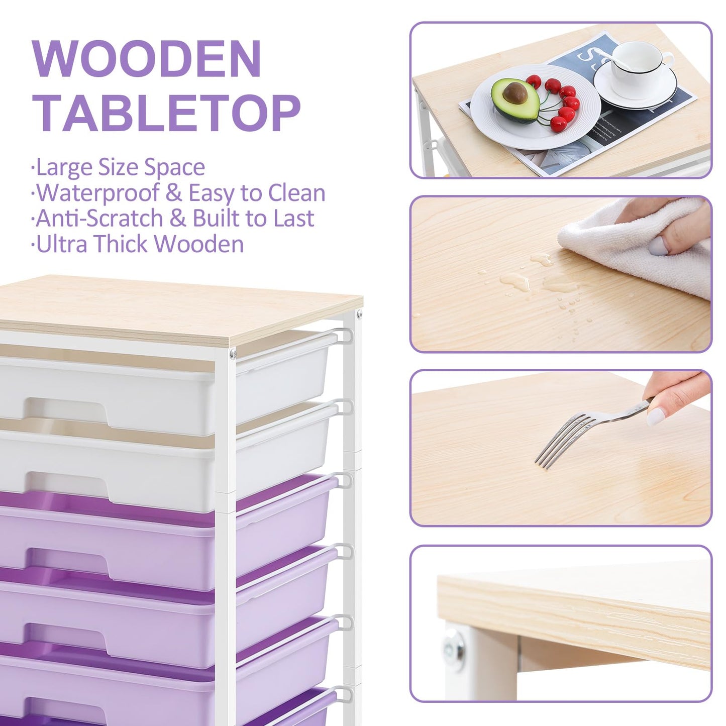 SYKIARIOL Rolling Cart with Drawers,Utility Cart With 8 Drawers and Wooden Tabletop for Living Room,Classroom,Bedroom,Bathroom,Dorm,Office,Purple