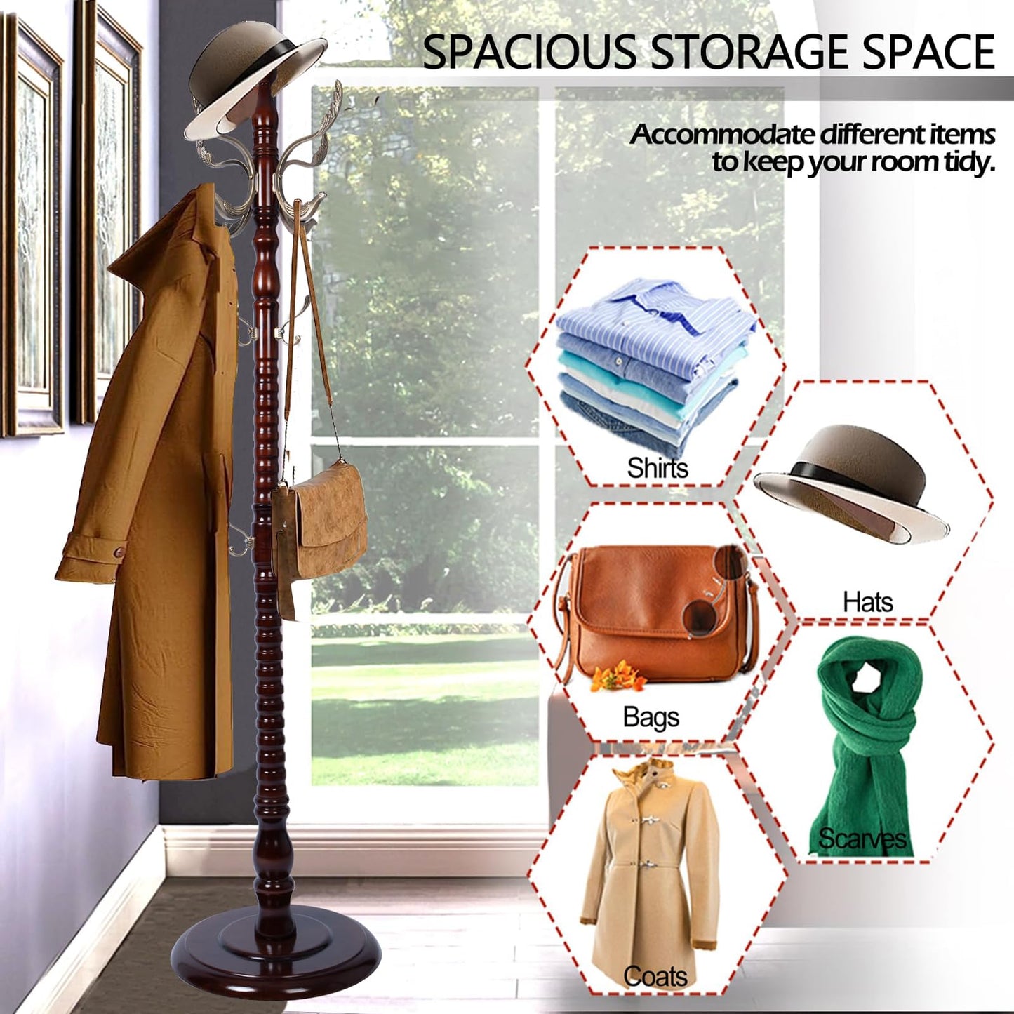 Sauqzoh Coat Racks Free Standing with 14 Hooks, Natural Wood Coat Stands for Entryway, Adjustable Height 73 in Tree Coat Rack Stand for Hallway Home Office Bedroom (Mahogany metal)