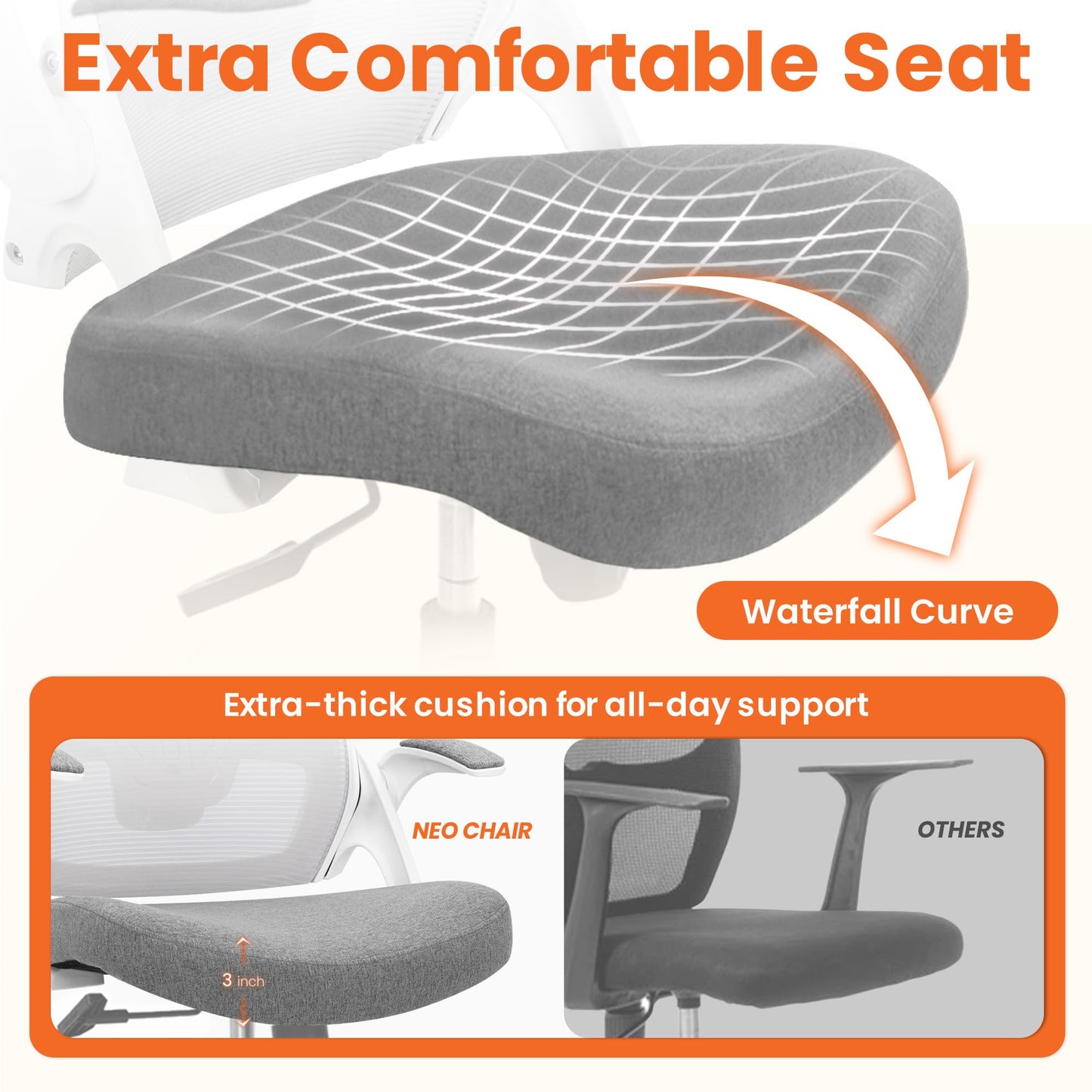 NEO CHAIR Office Desk Gaming Chair Computer High Back Mesh Seat with Rolling Wheels Ergonomic Adjustable Comfy Flip-up Armrests Lumbar Support Height for Home (Grey)