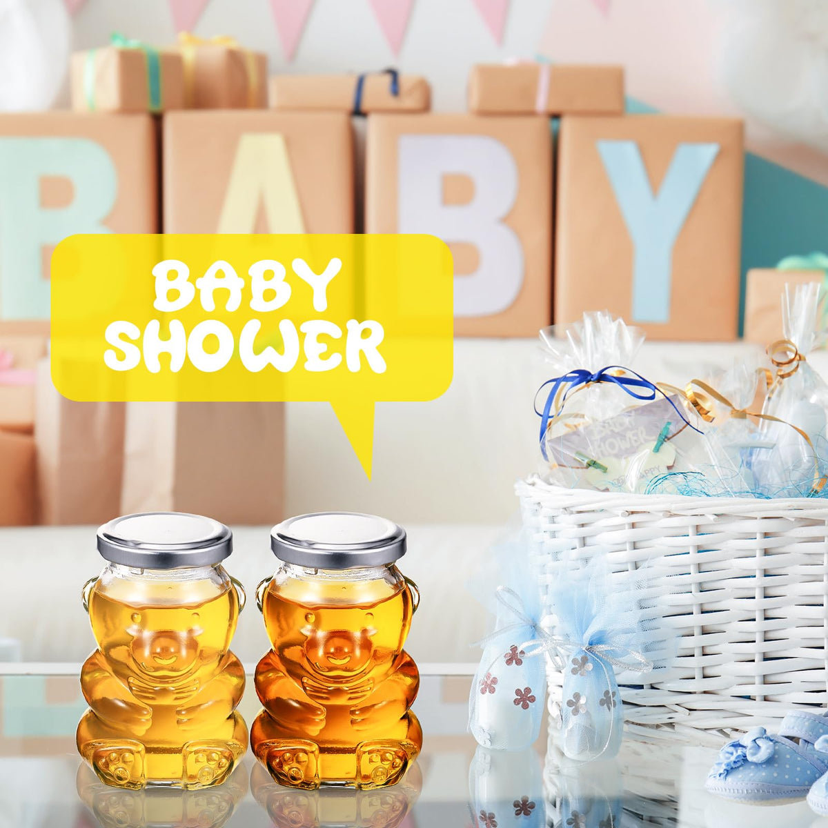 Patelai 24 Pack 4 oz Glass Bear Shaped Honey Jars with Lids Reusable Small Tilted Bear Glass Bottles Containers Dispenser for Candies, Birthday Wedding Party Favors(Classic, Silver)