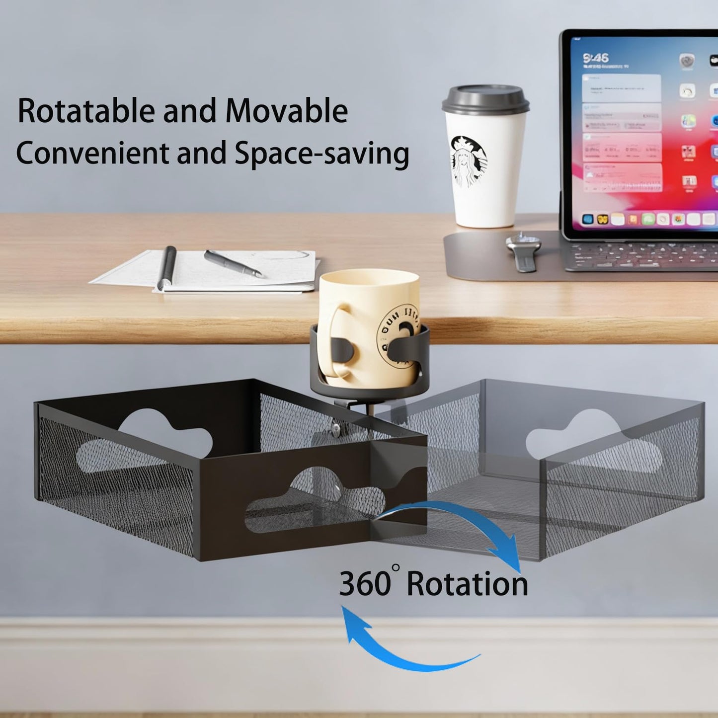 XULIONTS Clamp-On Under Desk Organizer with Cup Holder, 360° Rotating Mesh Drawer with Cable Hole, No-Drill Desk Drawer Organizer for Gaming Desk Accessories, Office Supplies, Coffee Mug, Dorm(2 in1)
