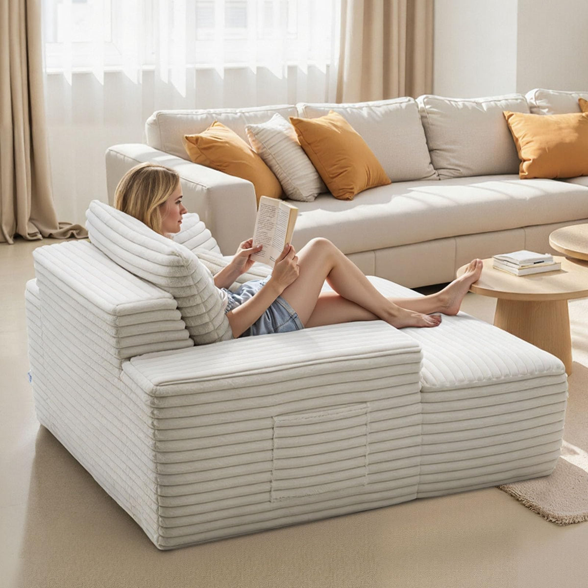 VEVOR Oversized Chaise Lounge Chair, 54" Boneless Chaise Lounge Indoor, Modern Upholstered Reading Chair with Throw Pillows & Armrests, Sofa Couch Deep Seat Sleeper for Living Room, Bedroom, Beige