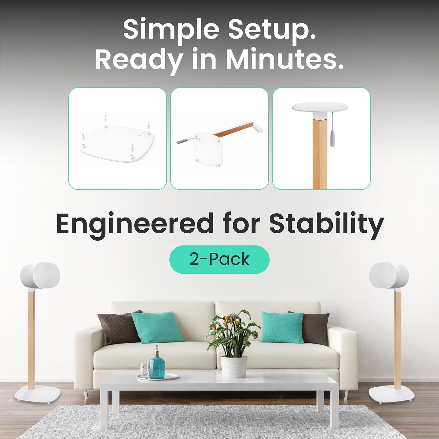ynVISION.DESIGN Universal Wood & Metal Speaker Stands Pair – 30.75" Floor Standing for Bookshelf & Compact Speakers | 22 lb Capacity | Cable Management (White and Beech, Universal Speaker Stand)