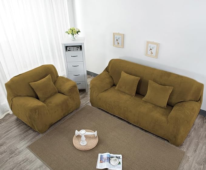 vctops 4 Seater Velvet Plush Stretch Sofa Slipcover 1-Piece Sofa Cover