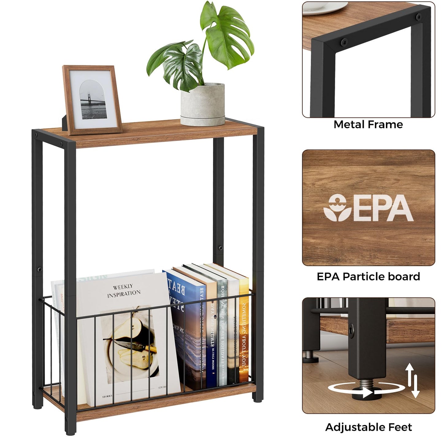 Homleke Narrow Side Table with Magazine Holder, Skinny End Table Perfect for Small Spaces, Space-Saving Design for Living Room, Bedroom, or Office, 7.1" D x 16.9" W x 23.6" H, Rustic Walnut