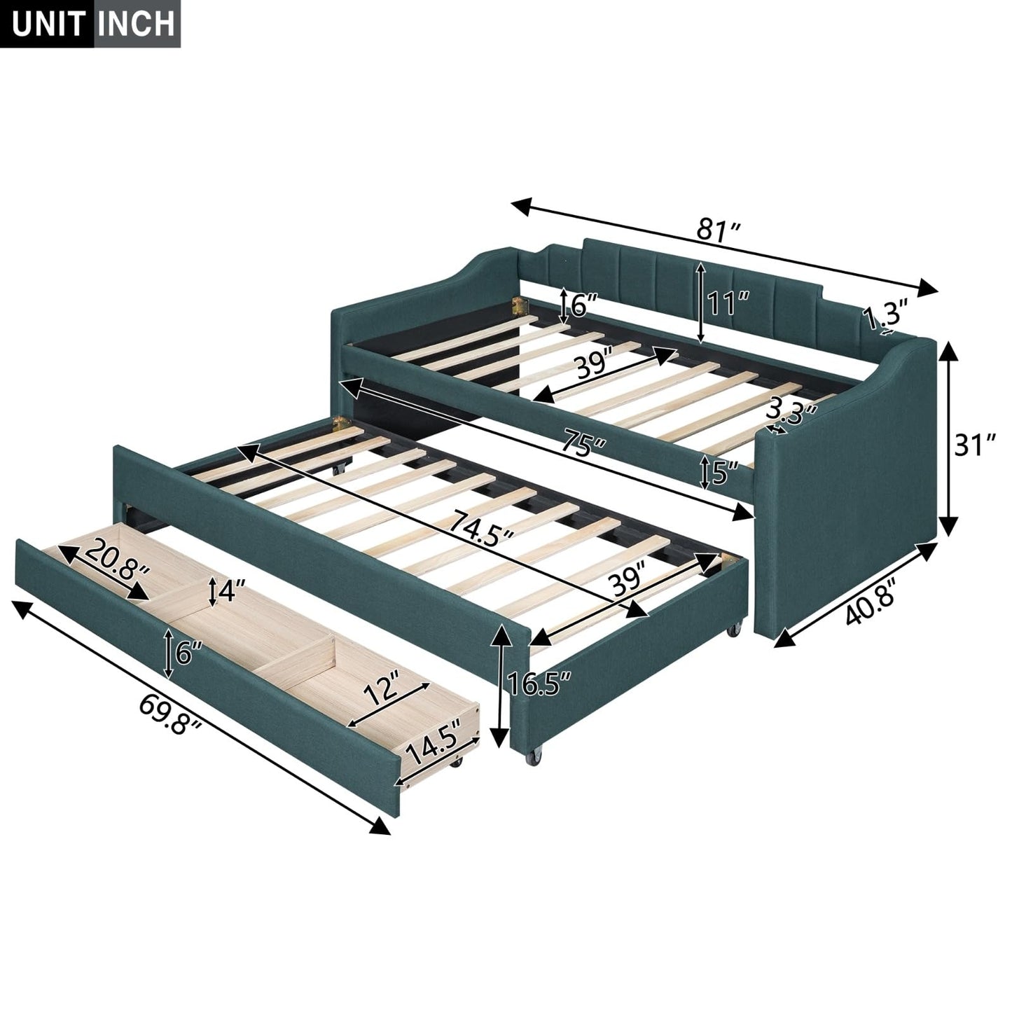 Bnyifoqi Green Upholstered Daybed with Trundle & Storage Drawers, Twin Size