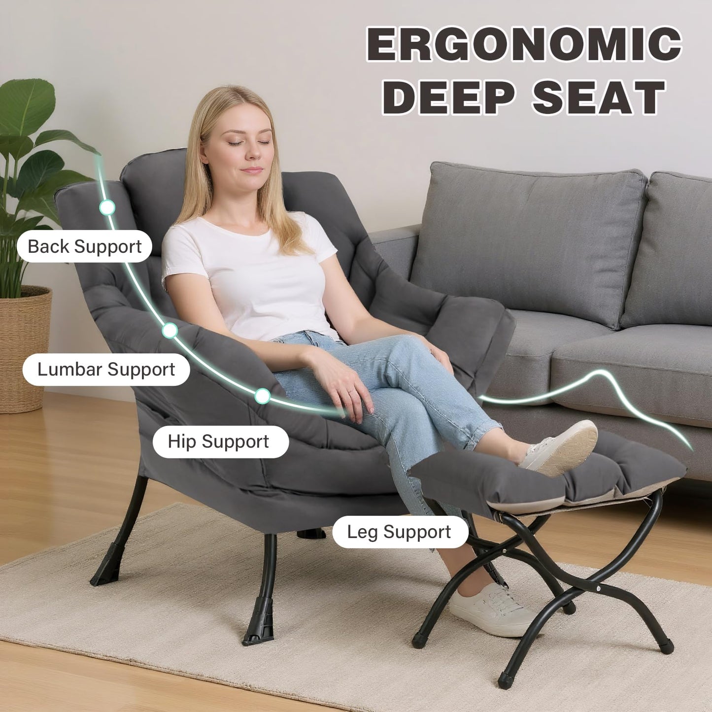SESHINELL Lazy Chair with Ottoman, Modern Accent Chair Contemporary Sofa Chair with Armrests, Reading Chair and Folding Footstool Set for Living Room, Bedroom, Office, Dark Grey