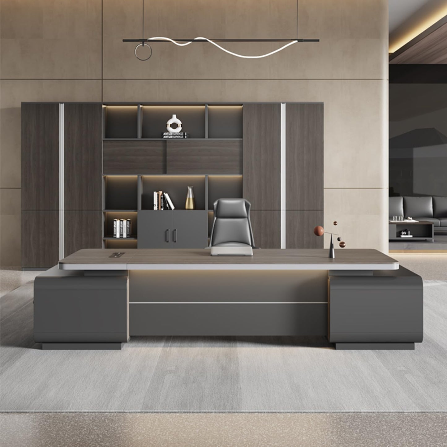 LSIGHTUS Grey L-Shaped Executive Office Desk, Modern Business Computer Desk with Lateral Cabinet Business Furniture Set Study Writing Table for CEO Boss