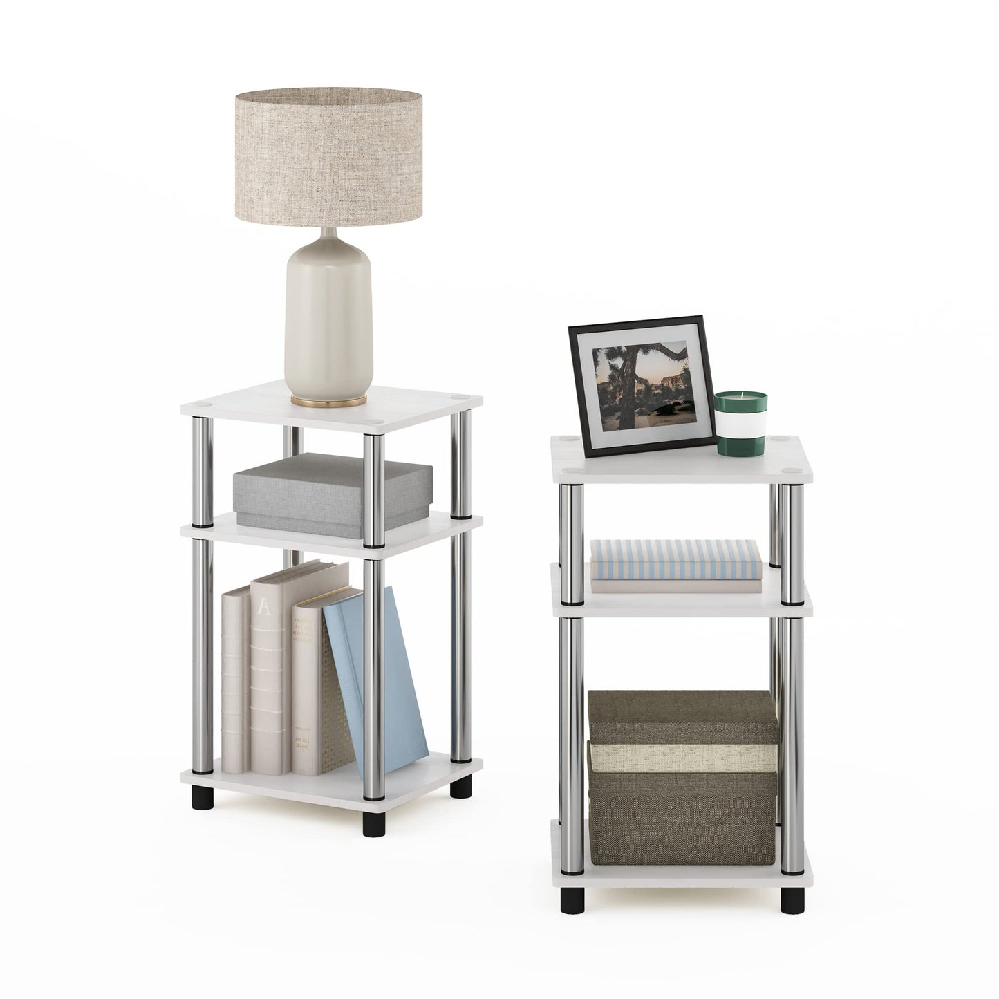 Furinno JUST Side Table Set of 2, 3-Tier Modern End Tables, Toolless Assembly Night Stand, Nightstand, Toolless Assembly, for Living Room, Bedroom, White Oak/Stainless Steel