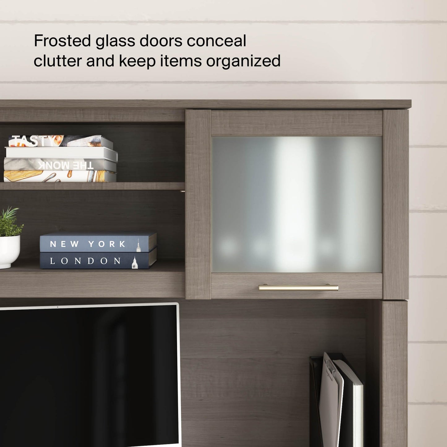 Bush Home 60-Inch Desk Hutch, Office Storage Organizer with Shelves, Cubbies and Frosted Glass Doors for Computer Desk, Home Office Furniture, Somerset Collection, Ash Gray