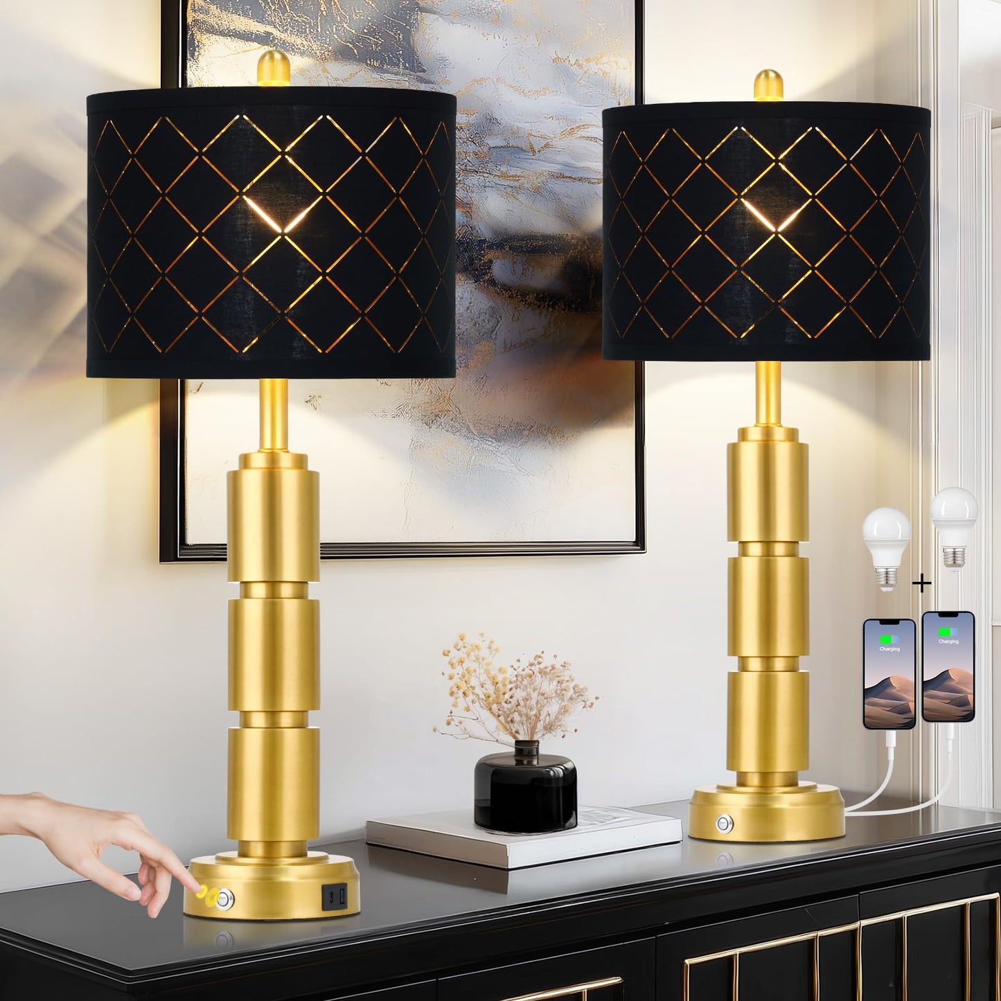 luxeflow Set of 2 Modern Table Lamps for Living Room Bedroom,29" Tall Bedside Lamp with 2 USB Port,Gold Metal Touch Nightstand Lamp with Black Grid Shade for End Table Entryway,Gold