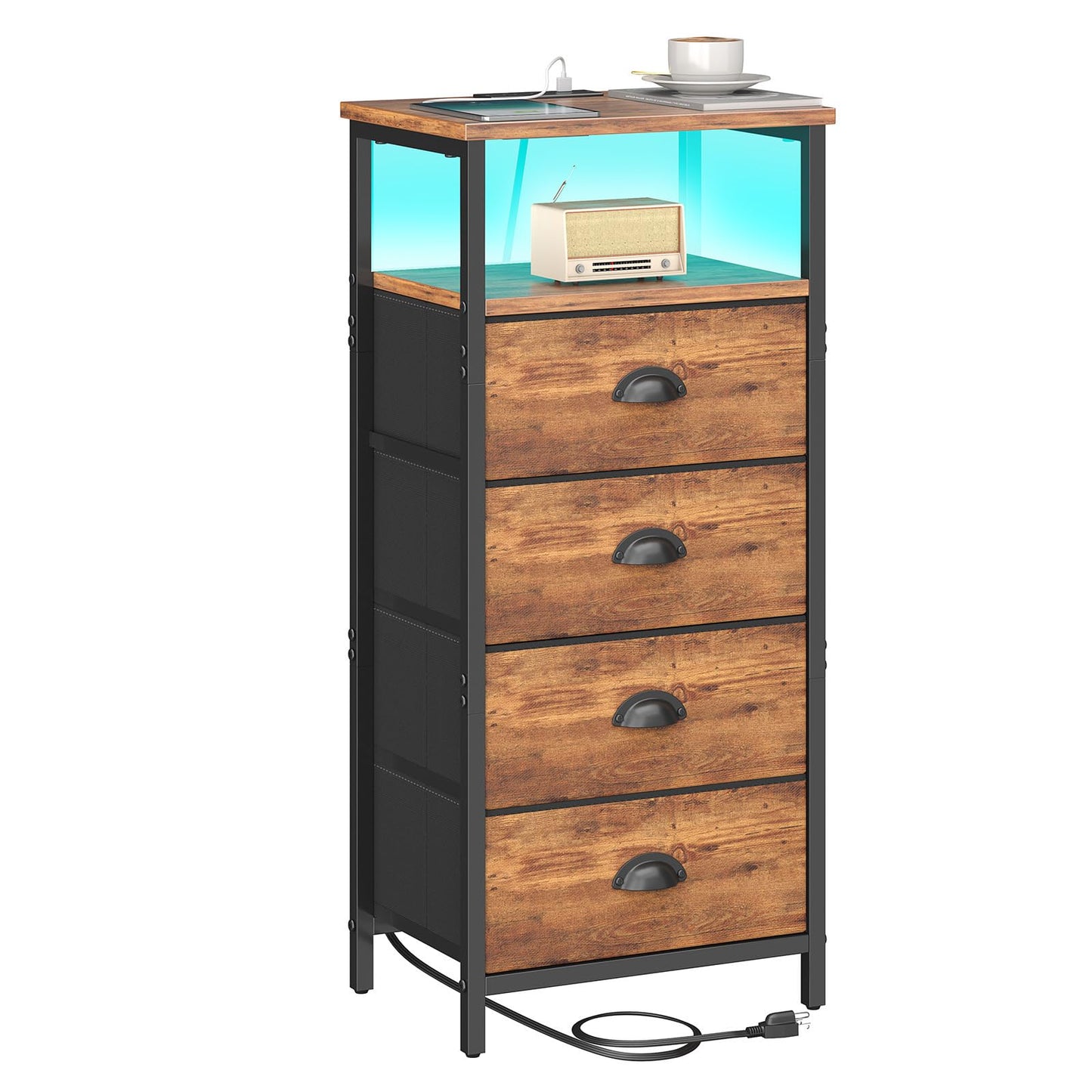 sthmec Nightstand with Charging Station,LED Nightstand with 4 Fabric Drawers, Bedside End Tables, 2-Tier Open Storage Shelf Side Table Nightstand with Drawers for Bedroom,Rustic Brown