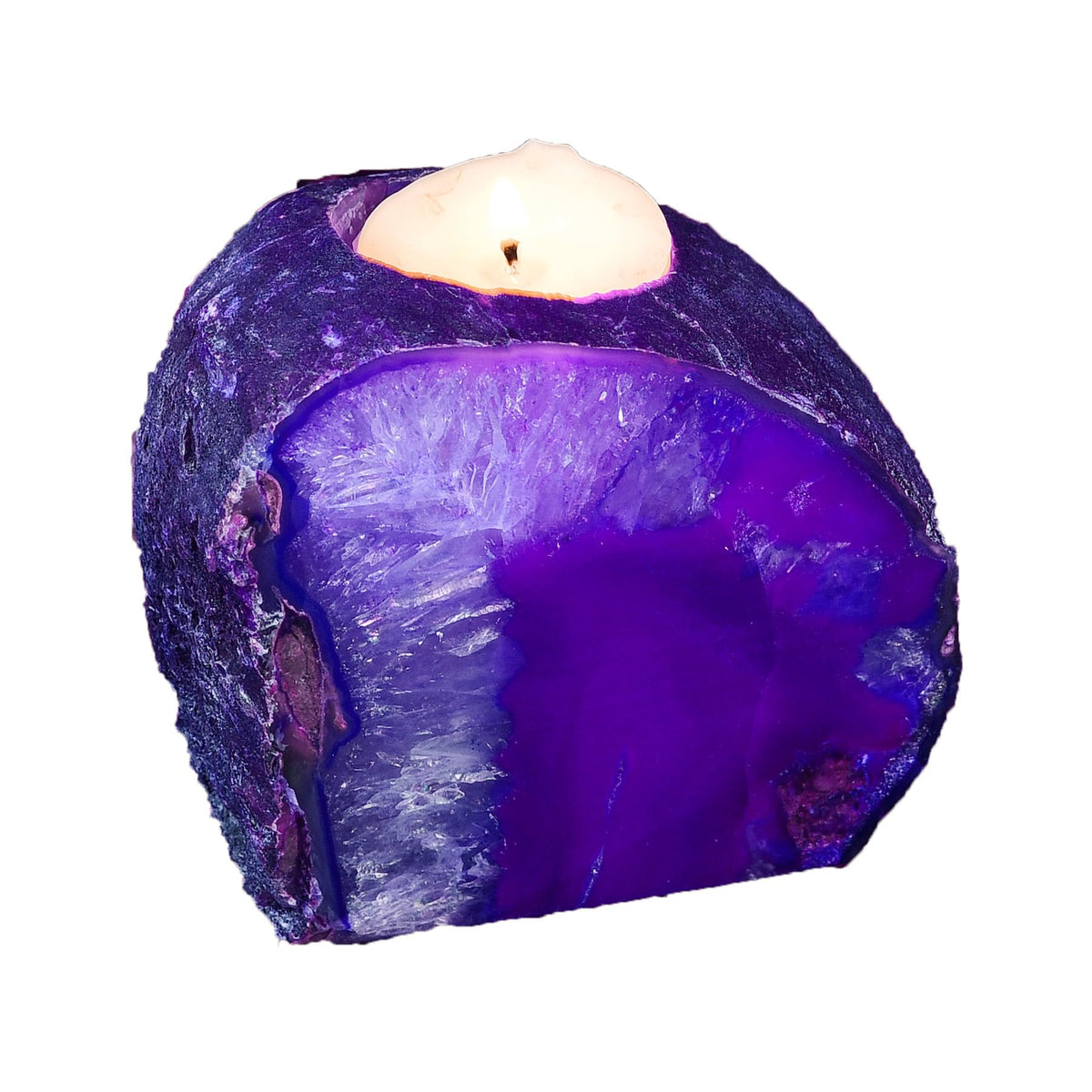 AMOYSTONE Natural Purple Agate Candle Holder 1.5-2lb, Raw Geode Base - Versatile Decor for Meditation, Yoga Studio & Home Mantel