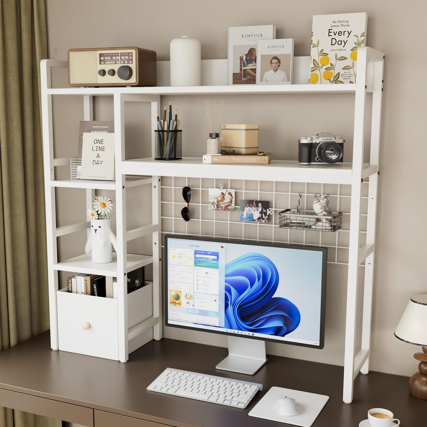 Rifoer Desk Hutch for Computer Monitor,Desktop Bookshelf Organizer,4 Tier Desk Hutch with Grid Panel,38.6" Desk Shelf Storage Rack for Home Office,Study,Dorm,White