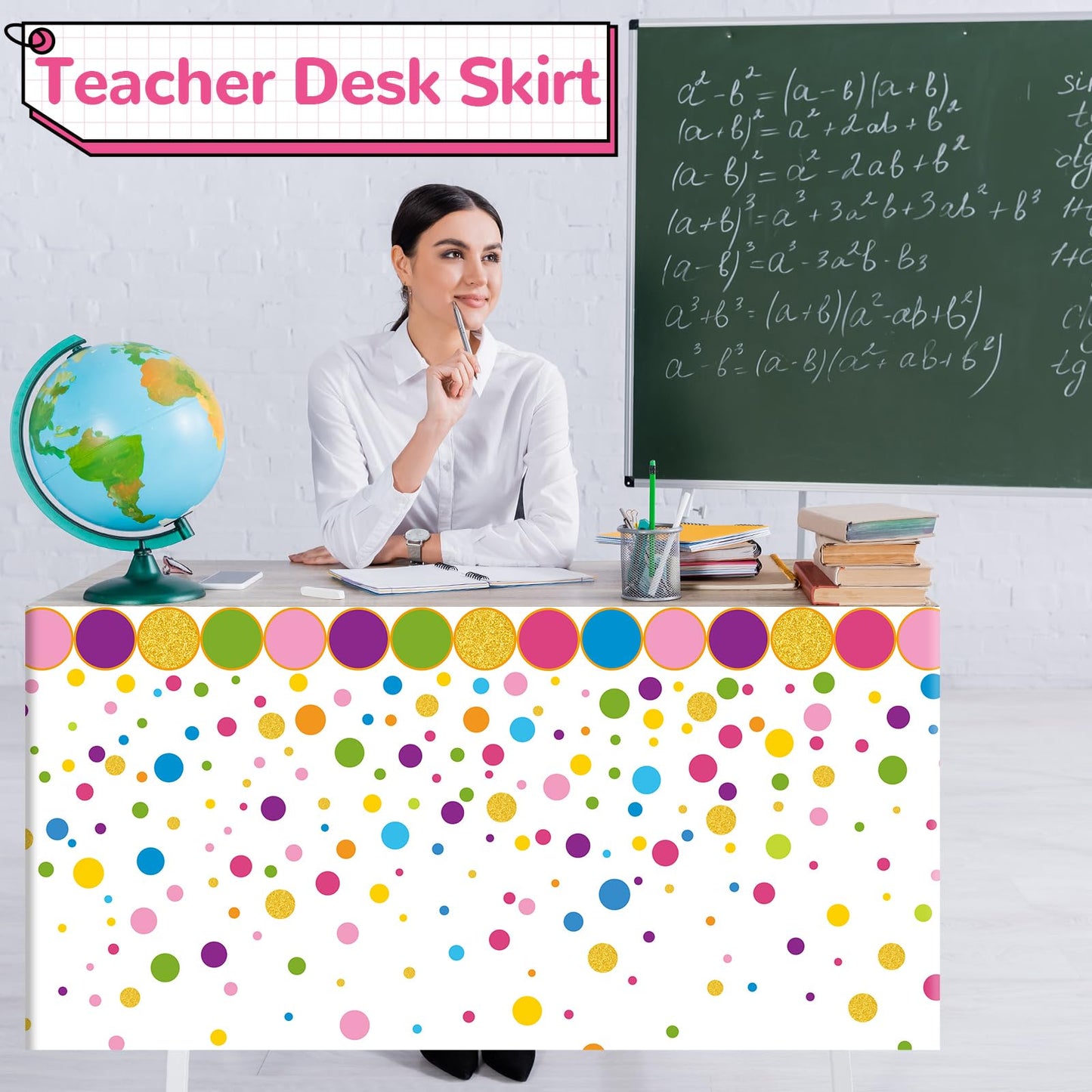 6FT Confetti Polka Dots Table Skirt Teacher Desk Skirt Classroom Table Cover for Back to School Decor Classroom Tables Cloths for First Day of School Supplies Office Bookcase Cabinet Decorations