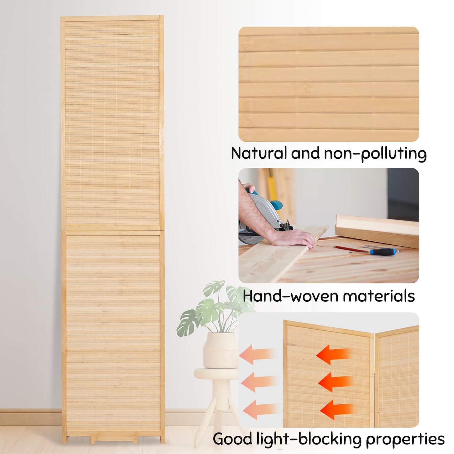Bamboo Room Divider Folding Privacy Screens, Wall Divider for Room Separation, Portable Room Partitions and Dividers, 5.6FT Bamboo Mesh Woven Room Divider Panel (Beige, 6 Panel)