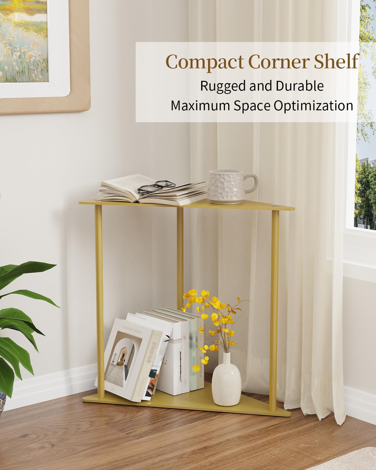 Yawinhe Metal Side Tables Set of 2,Small End Table with Storage Shelves,2-Tier Nightstand Bedside Table for Small Spaces,Modern Triangle Coffee Table for Living Rooms,Bedrooms,Golden,SZJ202J-2
