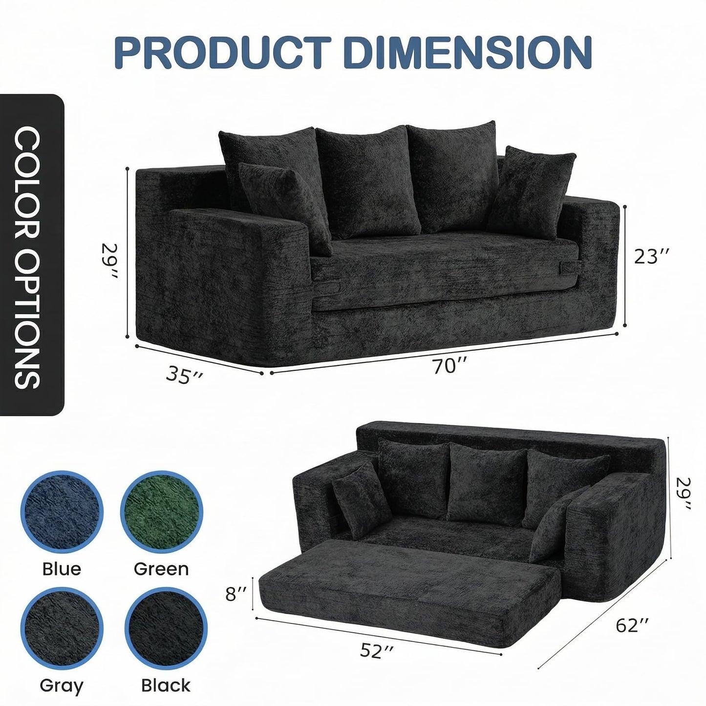 Winzoo Boneless Couches 70", 3 Seater Boneless Couch with Pull Out Sofa Bed, Black Boneless Couch with 5 Pillows, Plush Velvet Sofa for Living Room & Bedroom