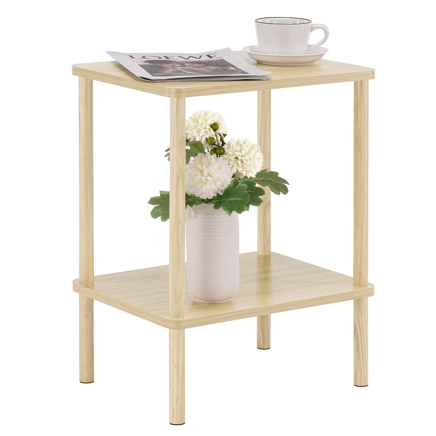 Apicizon 2 Tier End Table, Small Side Table with Solid Wood Legs, Boho Bedside Table with Storage Shelf, Nightstand for Small Spaces, Bedroom, Living Room, Entryway, Easy Assembly, Light Natural