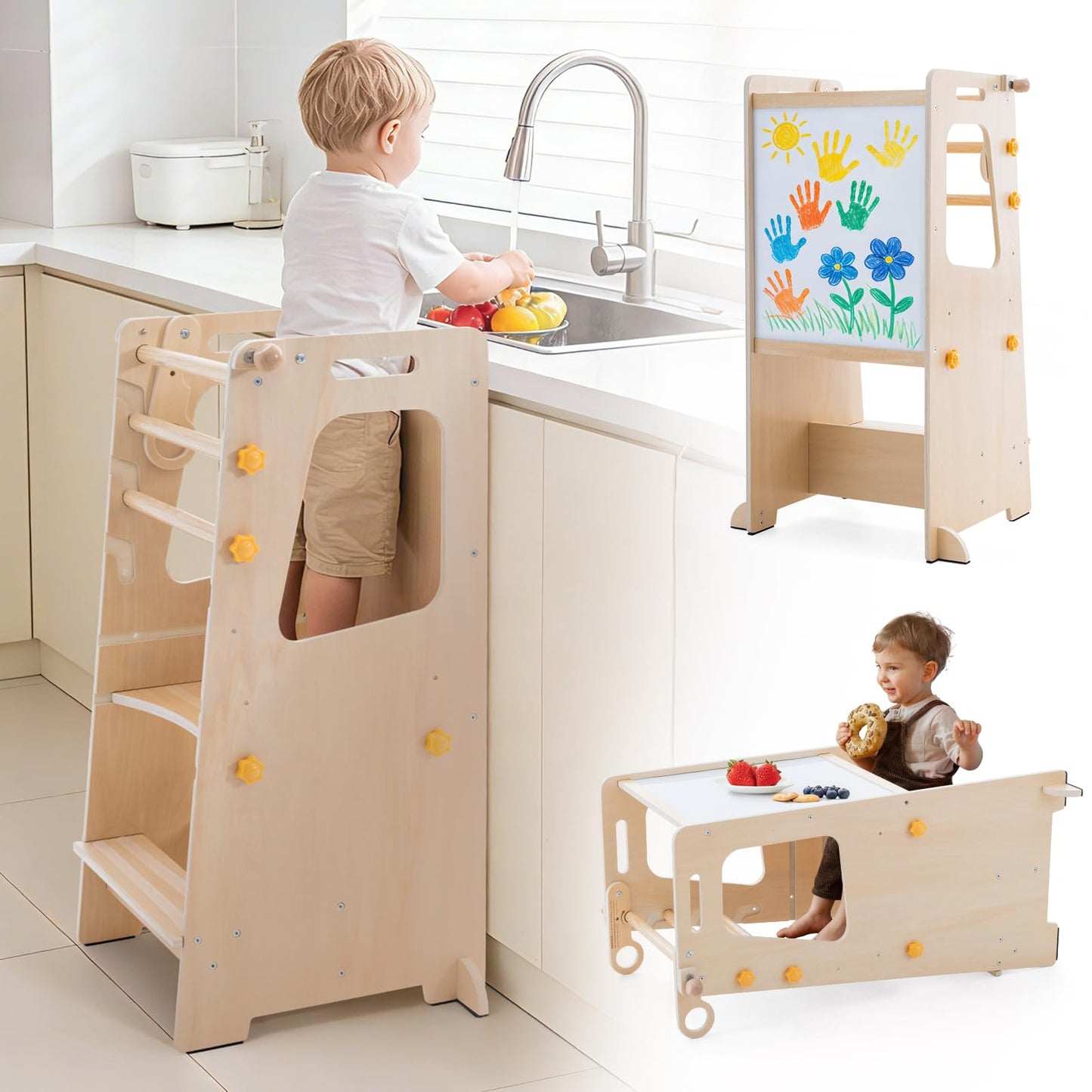 Gewitt Toddler Standing Tower, 4 in 1 Kitchen Stool Helper with Whiteboard, Kids Step Stool with Convertible Table and Chair, Toddler Helper Tower with Adjustable Height for Counter,Sink