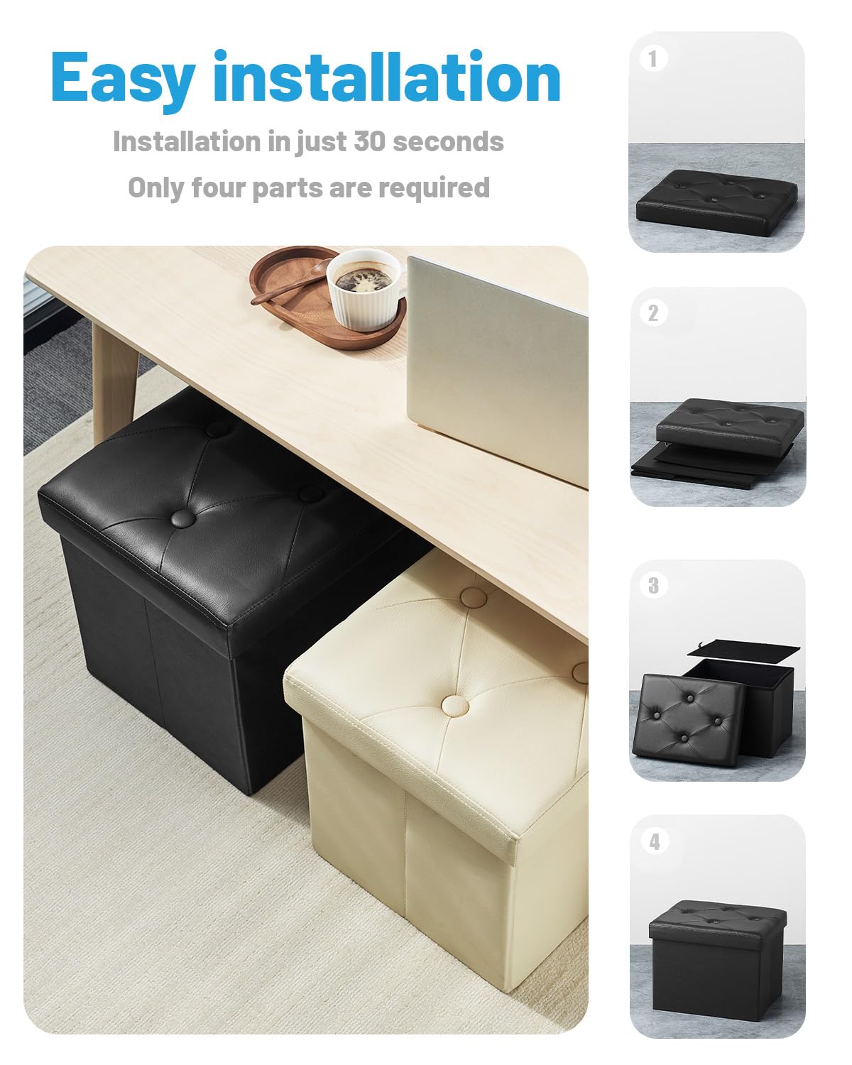 AmasSmile Storage Ottoman Folding Foot Rest Stool, Leather Footstool Bench, Short Ottoman Stool, Storage Foot Rest Store, Books (Side Pocket Black, 17" D x 13" W x 13" H)