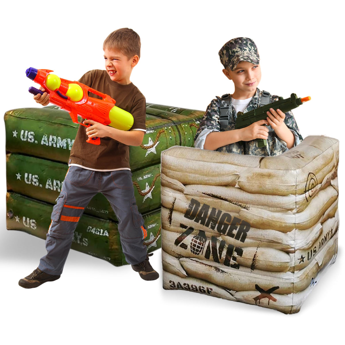 2-Piece Inflatable Combat Barricade Set — Includes 1 Army Box and 1 Sandbag for Laser Tag, Water Blaster, Dart Blaster, and Action Game Parties