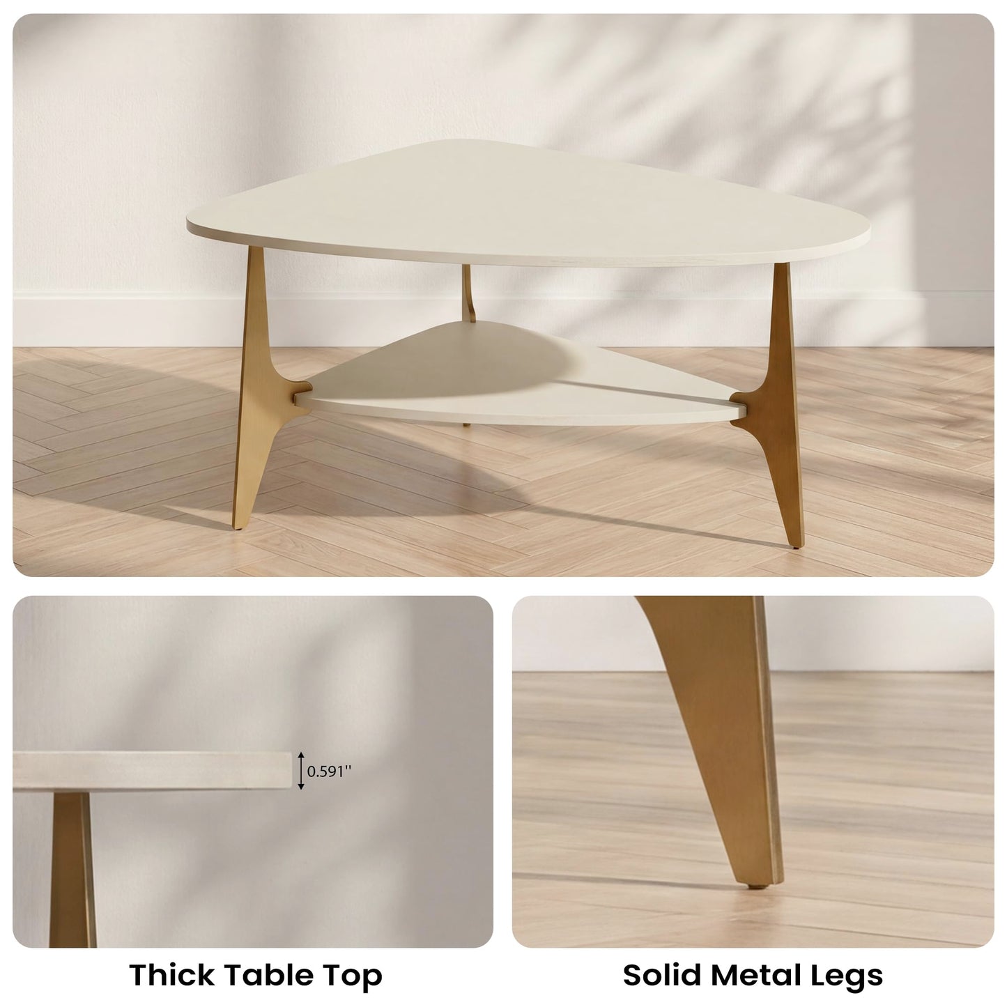 MWOOD Triangle Coffee Table, 33.5″‌ Modern Coffee Table with Storage Shelf, Waterproof Easy to Clean Center Table for Living Room, Apartment, White & Gold