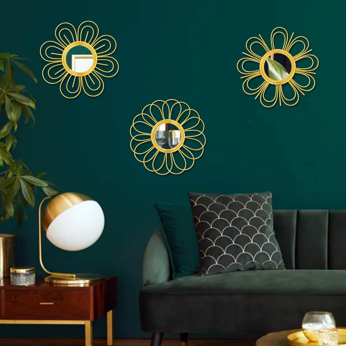 Gold Mirrors 3 Piece, 9 inch Flower-Indoor Shaped Mirror Hanging Wall Decor
