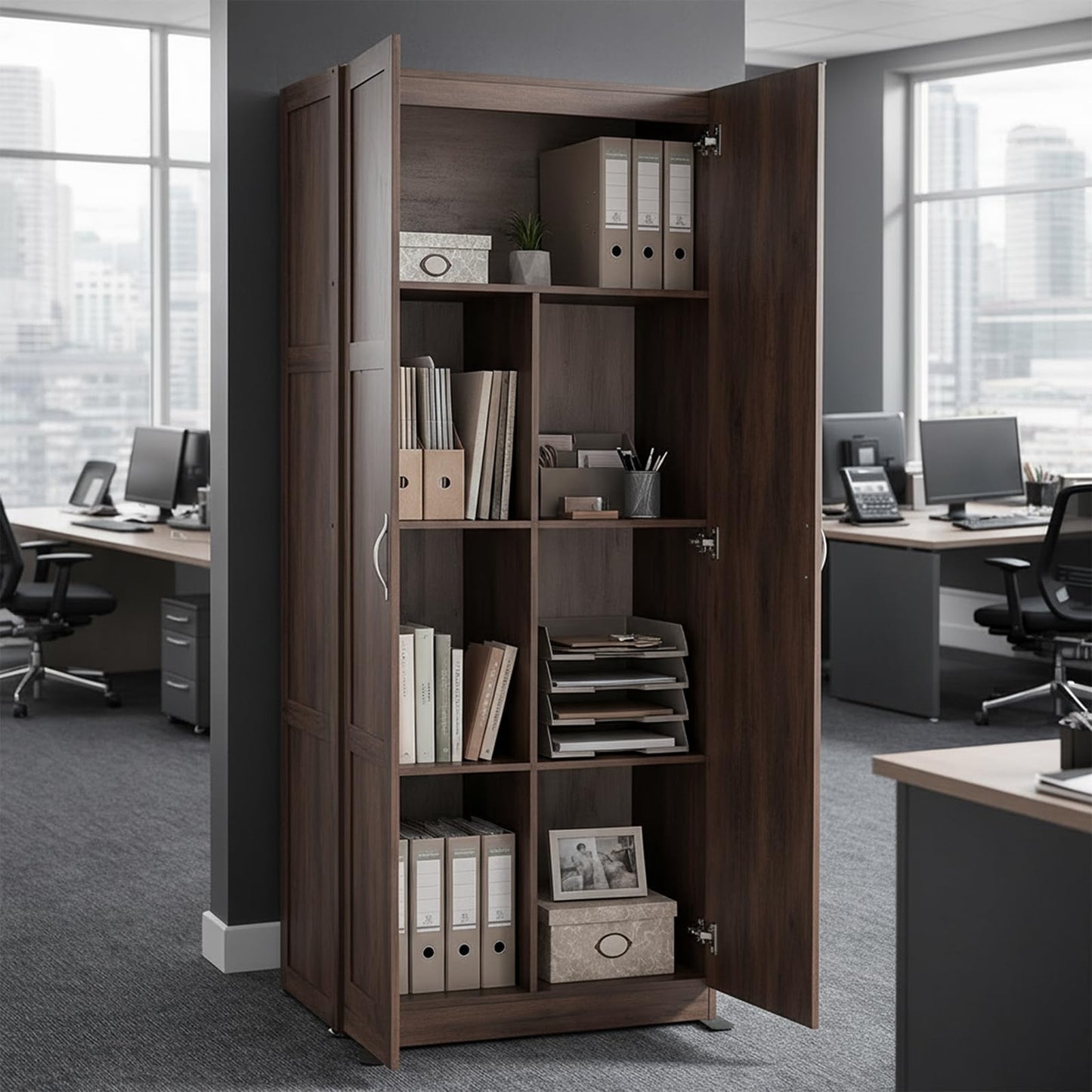 DUMOS Office Storage Cabinet, Large Capacity Organizer, Wooden Bedroom Storage Unit for CD, Blankets and Books, Suitable for Living Rooms, Office and Study Rooms, Brown