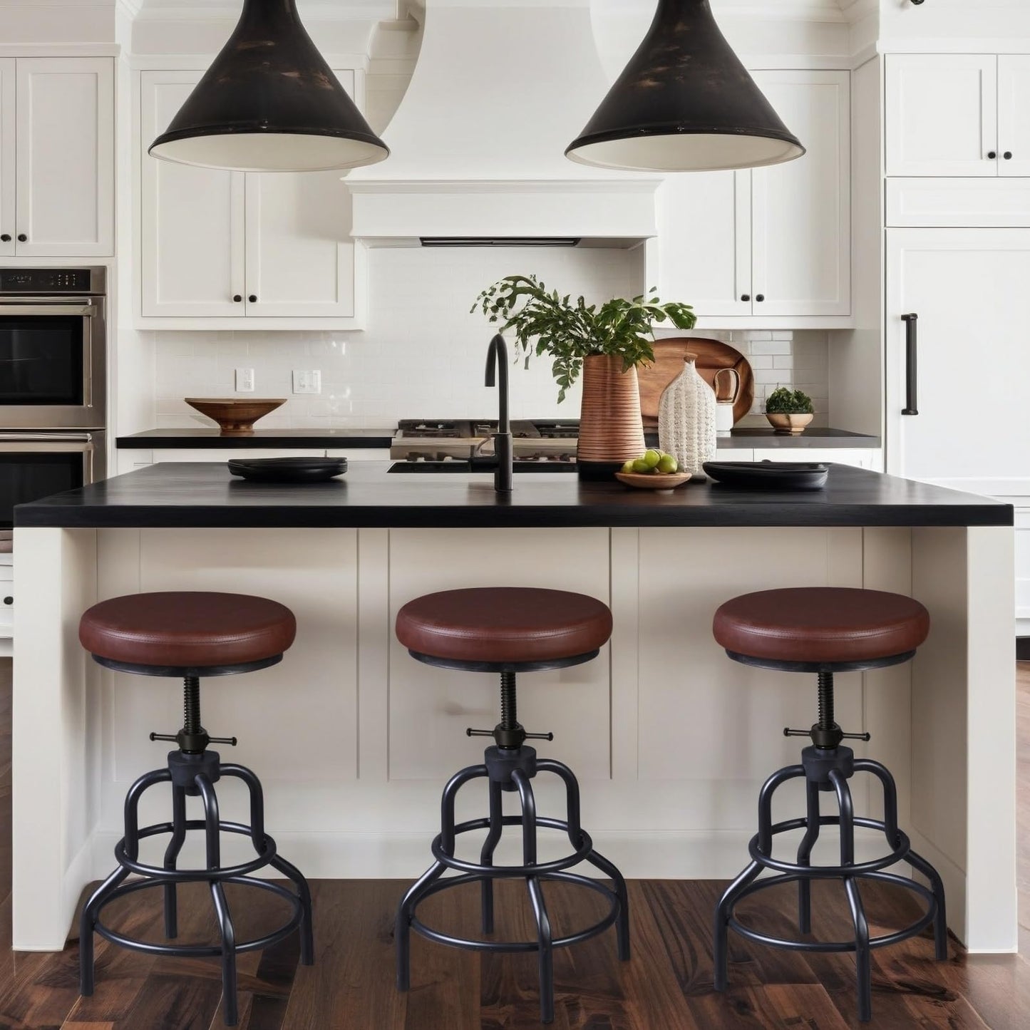LOKKHAN Industrial Bar Stools-Swivel Leather Metal Bar Stool-20-27 Inch Tall Counter Height-Adjustable Kitchen Stool Dining Chair Cafe Stools (Set of 2)