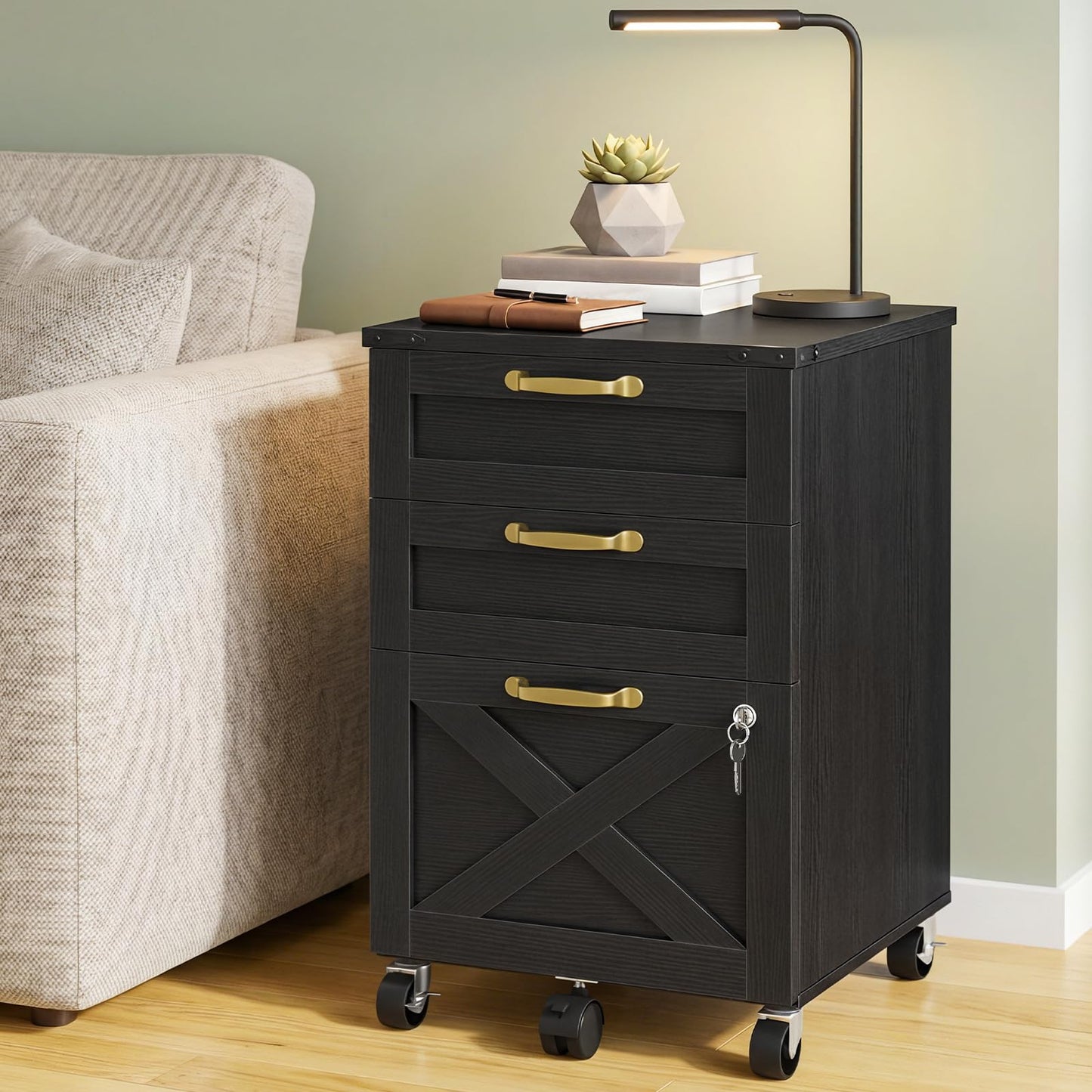 HOOBRO 3 Drawer File Cabinet with Lock, Mobile Farmhouse Filing Cabinet for A4/Letter Size, Under Desk Rolling Office Cabinet, Printer Stand with Storage for Home Office, Black BK67WJ01
