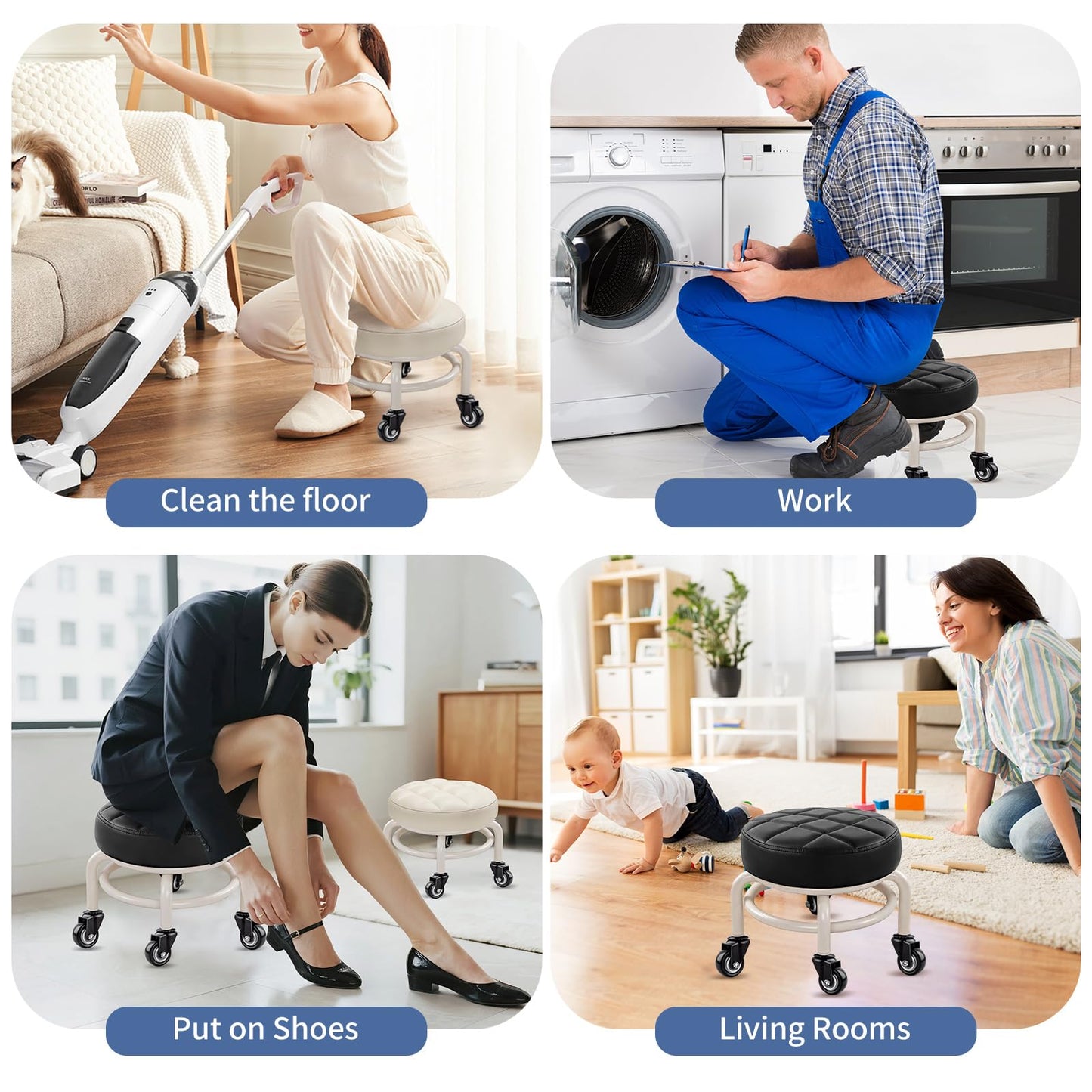 HPONQIONE Round Rolling Low Stool- PU Leather Low Stool 360° More Comfortable Swivel with Thickened Sponge Cushion for Nail Salon, Pedicure, SPA and Home (Black Upgrade Edition)