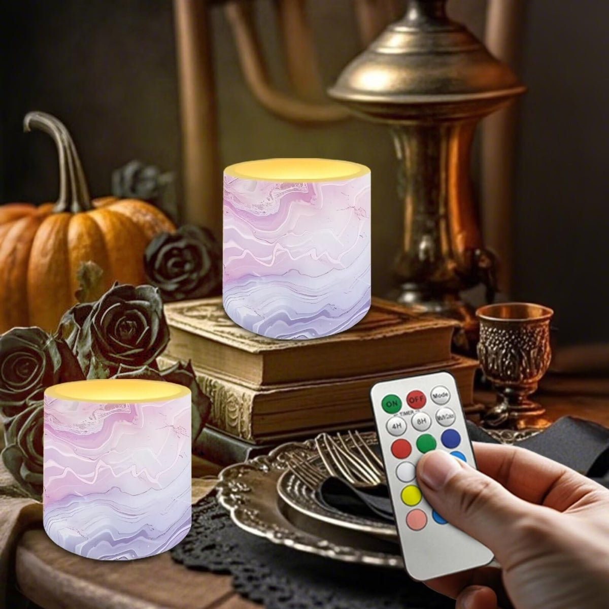 Cozeyat Lilac Marble LED Candles Set of 4 Battery Powered Flameless with Remote Timer Dancing Flame Waterproof for Home Table Garden Decoration